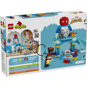 LEGO DUPLO Marvel Pókember csapata főhadiszállása 10464 készlet hátoldali dobozképe, amely a játéklehetőségeket, a figurákat és a kiegészítő elemeket szemlélteti.