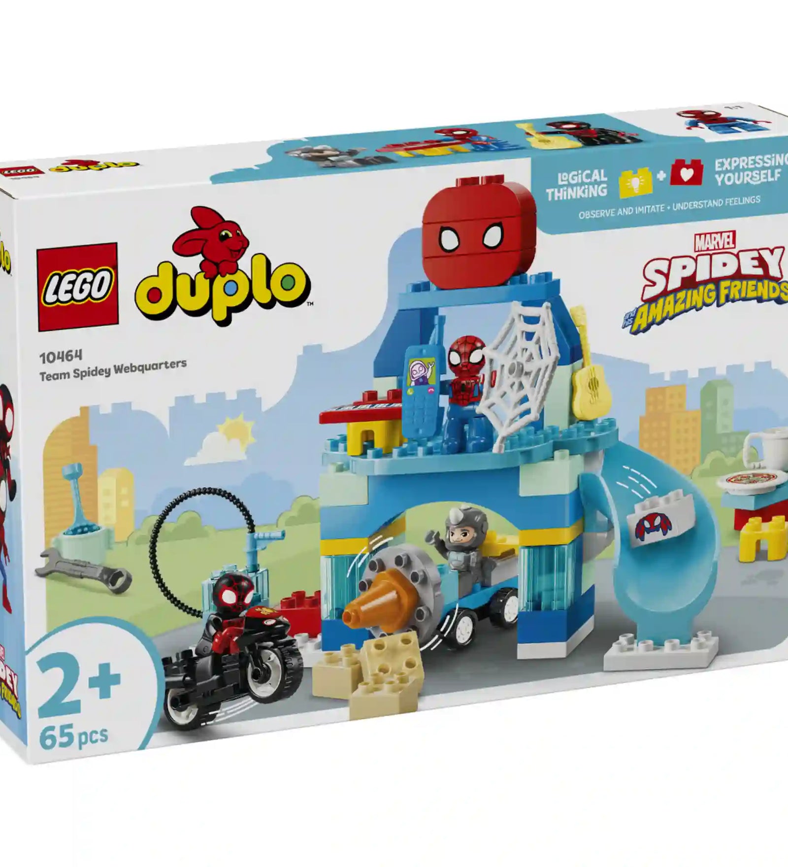 LEGO DUPLO Marvel Pókember csapata főhadiszállása 10464 készlet elölnézeti dobozképe, amely bemutatja a Pókember főhadiszállást, a járműveket és a játékfunkciókat.