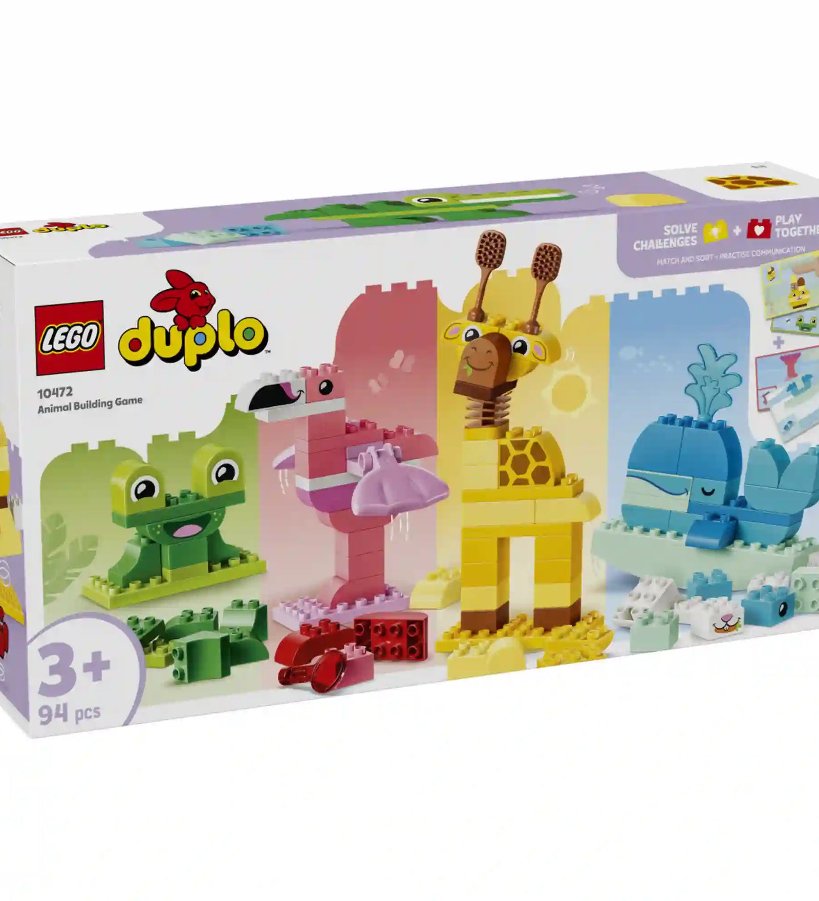LEGO DUPLO Állatépítő játék (10472) dobozképe, amely békát, flamingót, zsiráfot és bálnát ábrázoló építhető állatmodelleket, valamint a készlet fejlesztő funkcióit mutatja be.
