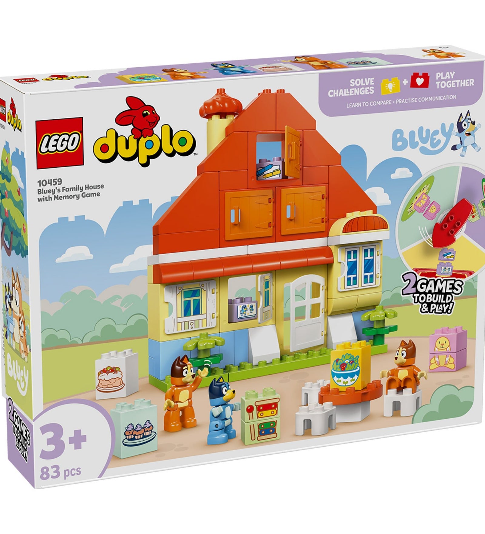 LEGO DUPLO Bluey családi ház készlet dobozképe, a házzal és a Bluey figurákkal.