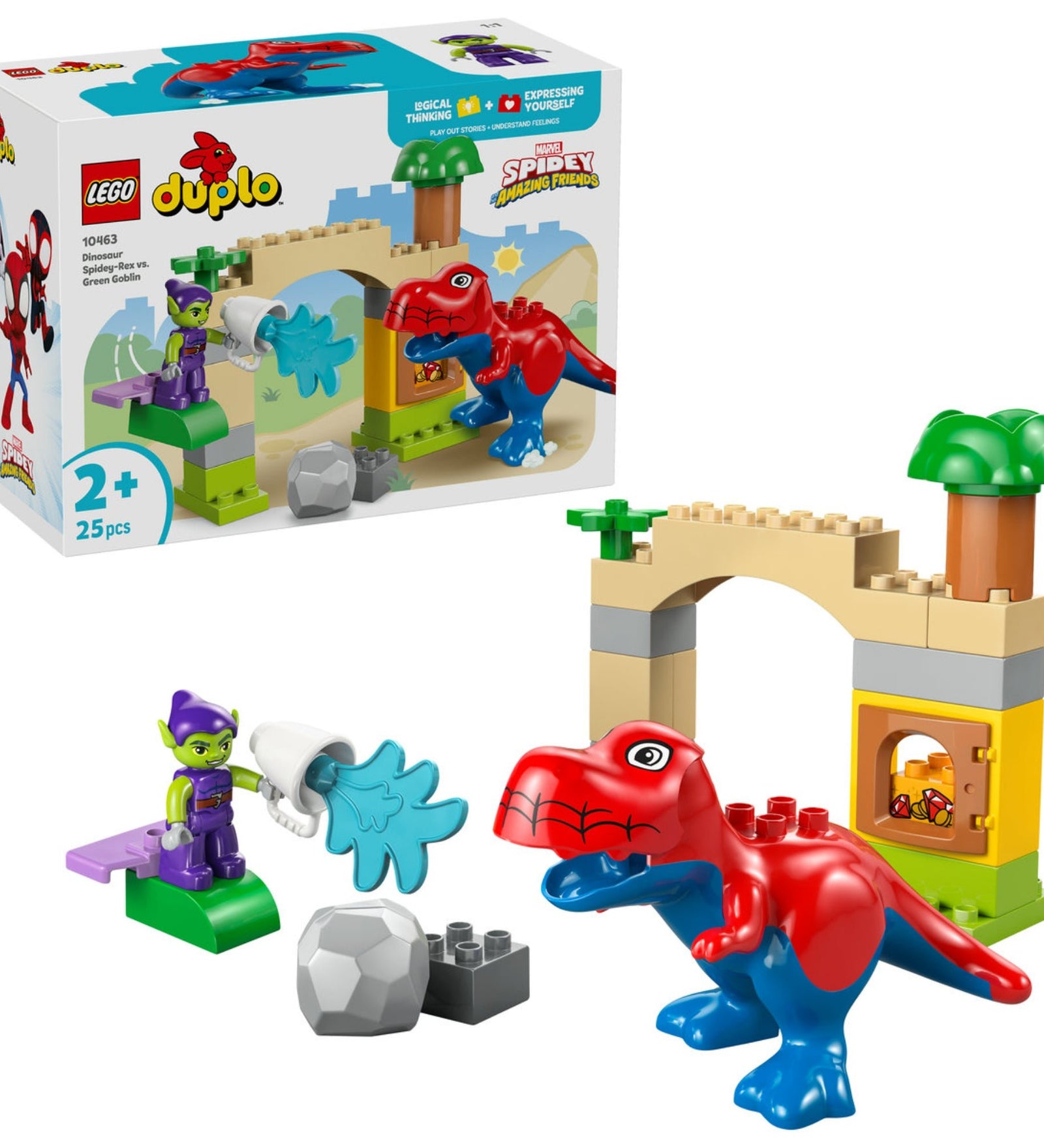 LEGO DUPLO 10463 Dinosaur Spidey-Rex vs. Green Goblin készlet doboza és az összeépített dinoszauruszos játékelemek.