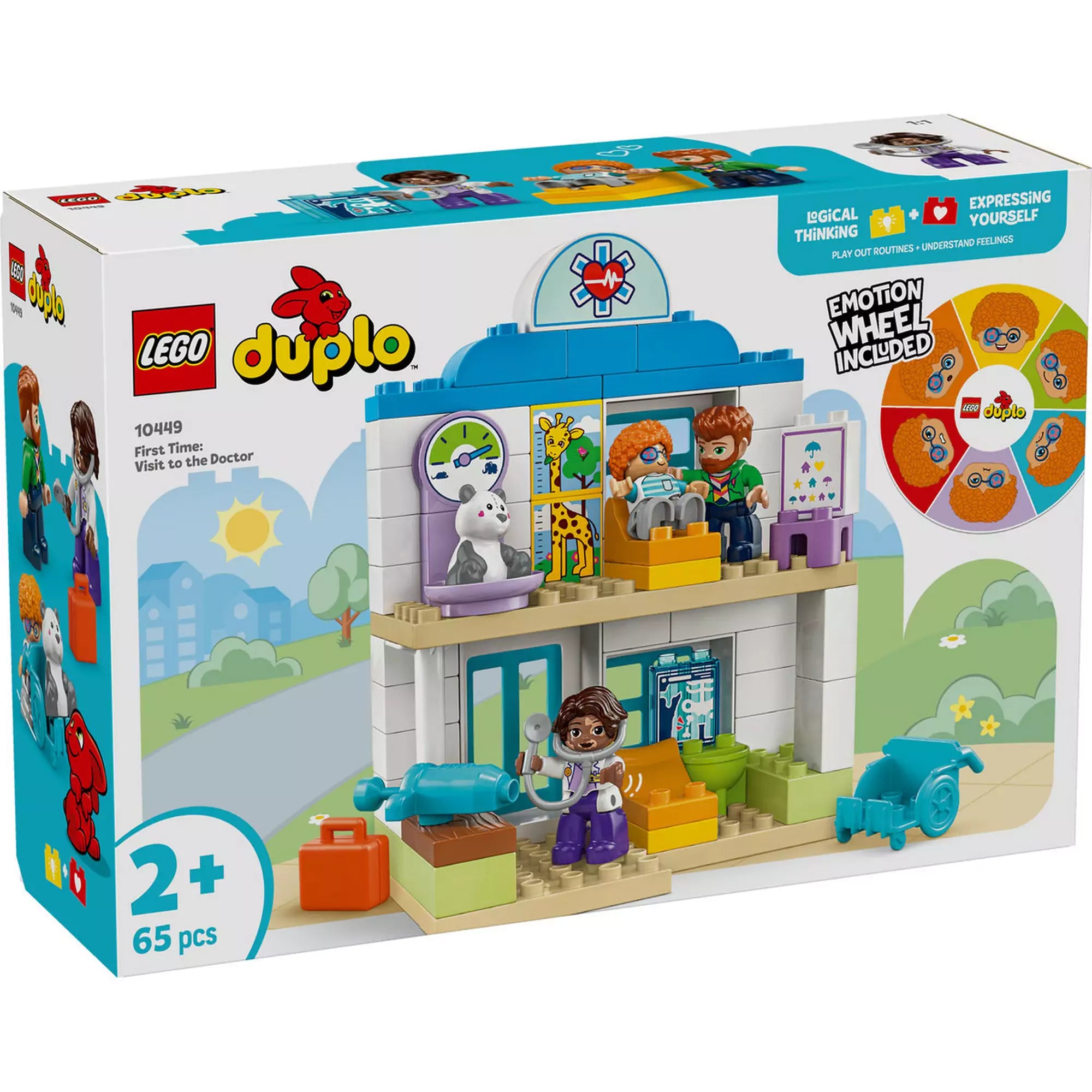 A LEGO DUPLO Első látogatás az orvosnál (10449) doboza, amely egy színes, orvosi rendelőt ábrázoló játékkészletet mutat be, különleges érzelemkerékkel.


