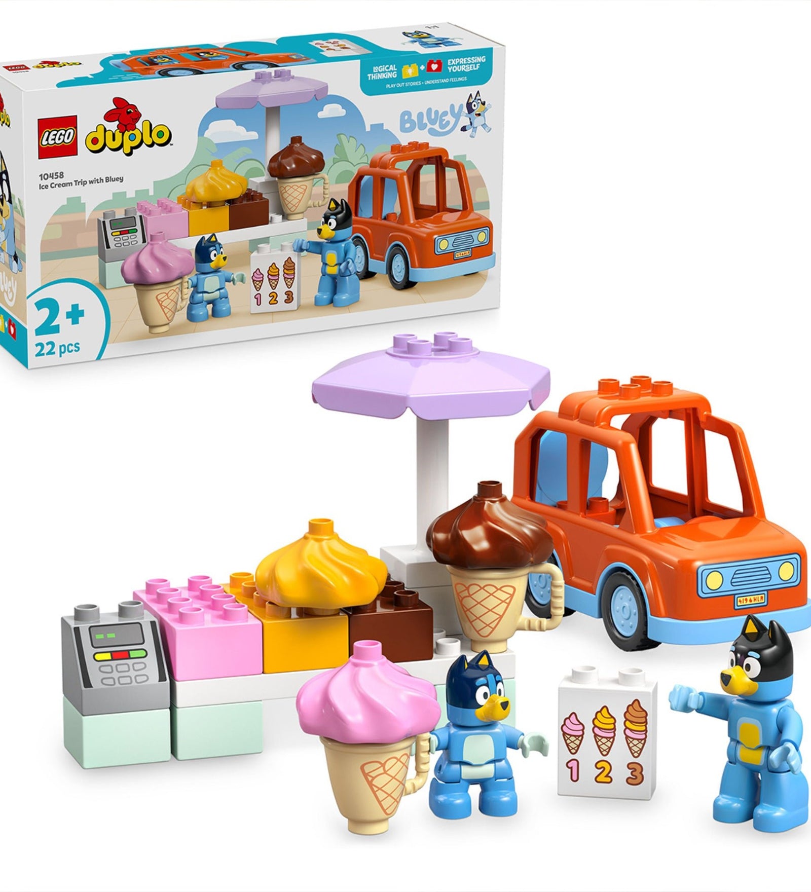 LEGO DUPLO Ice Cream Trip with Bluey (10458) készlet és doboz – A narancsszínű autó, fagyis stand, színes jégkrémek és Bluey figurák.