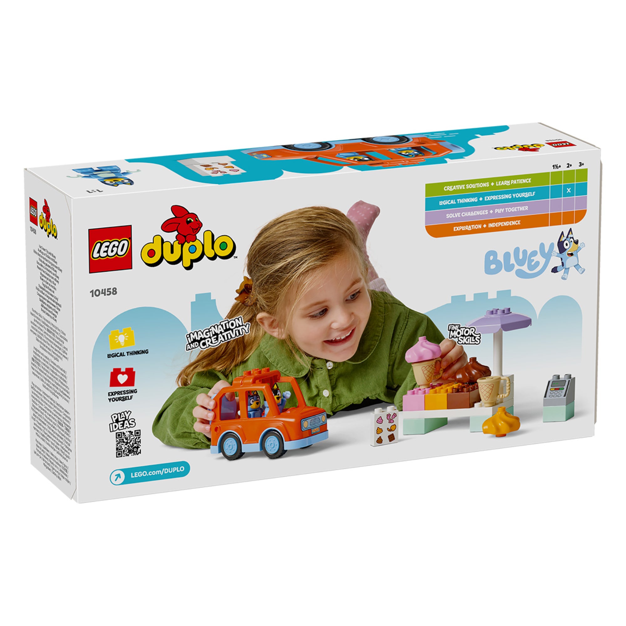 LEGO DUPLO Ice Cream Trip with Bluey (10458) doboz hátlap – Egy gyermek játszik a Bluey autós fagyis készlettel, vidám, interaktív jelenetben.