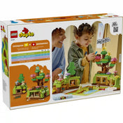 LEGO DUPLO Vadállatok erdei felfedezőkészlete (10480) dobozának hátoldala, amely a lombházat, az erdei búvóhelyeket, az állatfigurákat és a készlettel játszó gyermeket mutatja be.