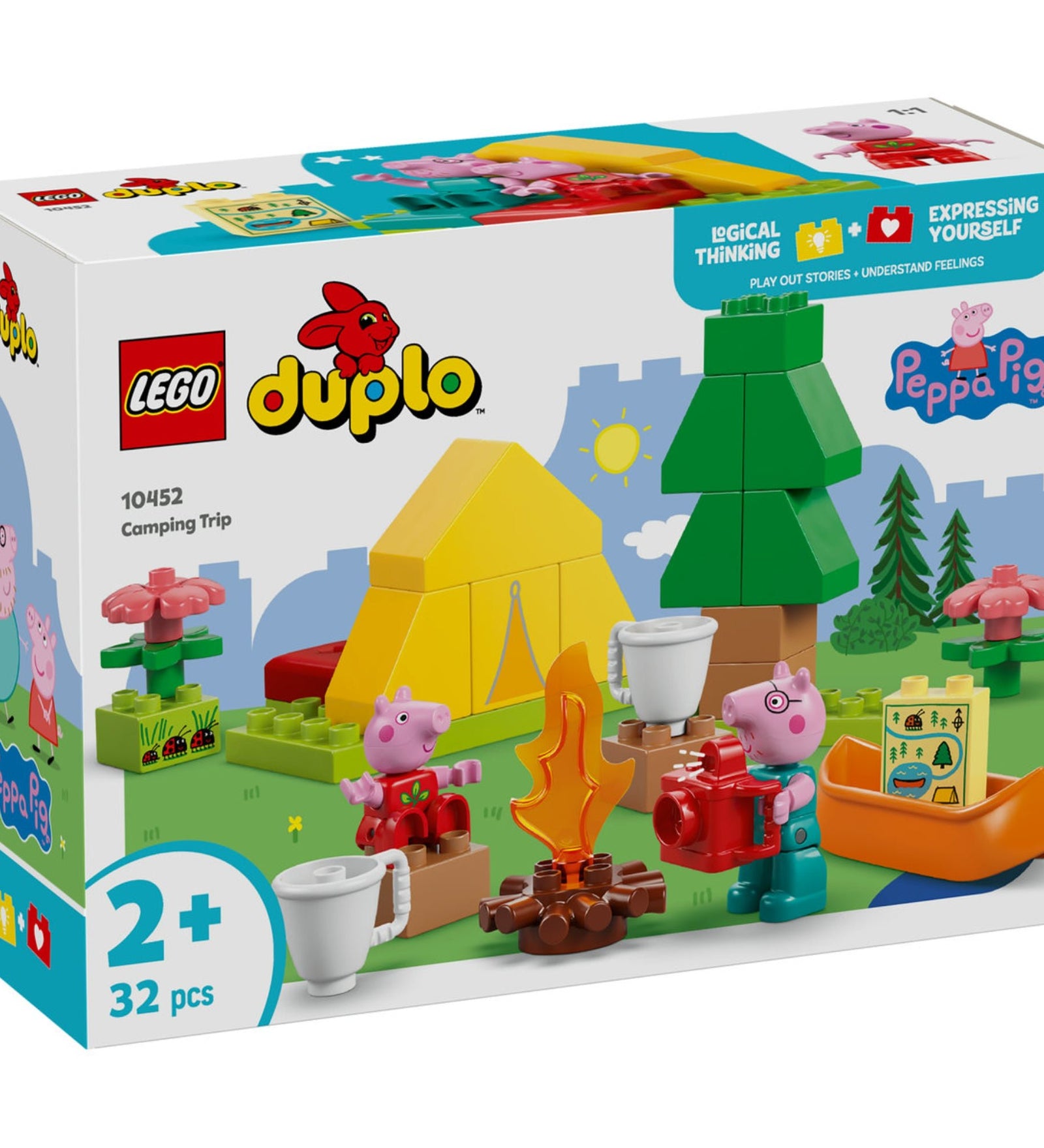 A képen a LEGO DUPLO Peppa malac – Kempingezős kirándulás (10452) építőkészlet látható. Ez az aranyos szett 2 éves kortól ajánlott, és lehetőséget ad a gyerekeknek, hogy Peppa malaccal és Papa malaccal együtt fedezzék fel a természetet. A dobozon látható egy sárga sátor, tábortűz, kenu, fényképezőgép, bögre és térkép, amelyek segítségével a kicsik izgalmas kempingezős kalandokat élhetnek át. Tökéletes választás a Peppa-rajongóknak!