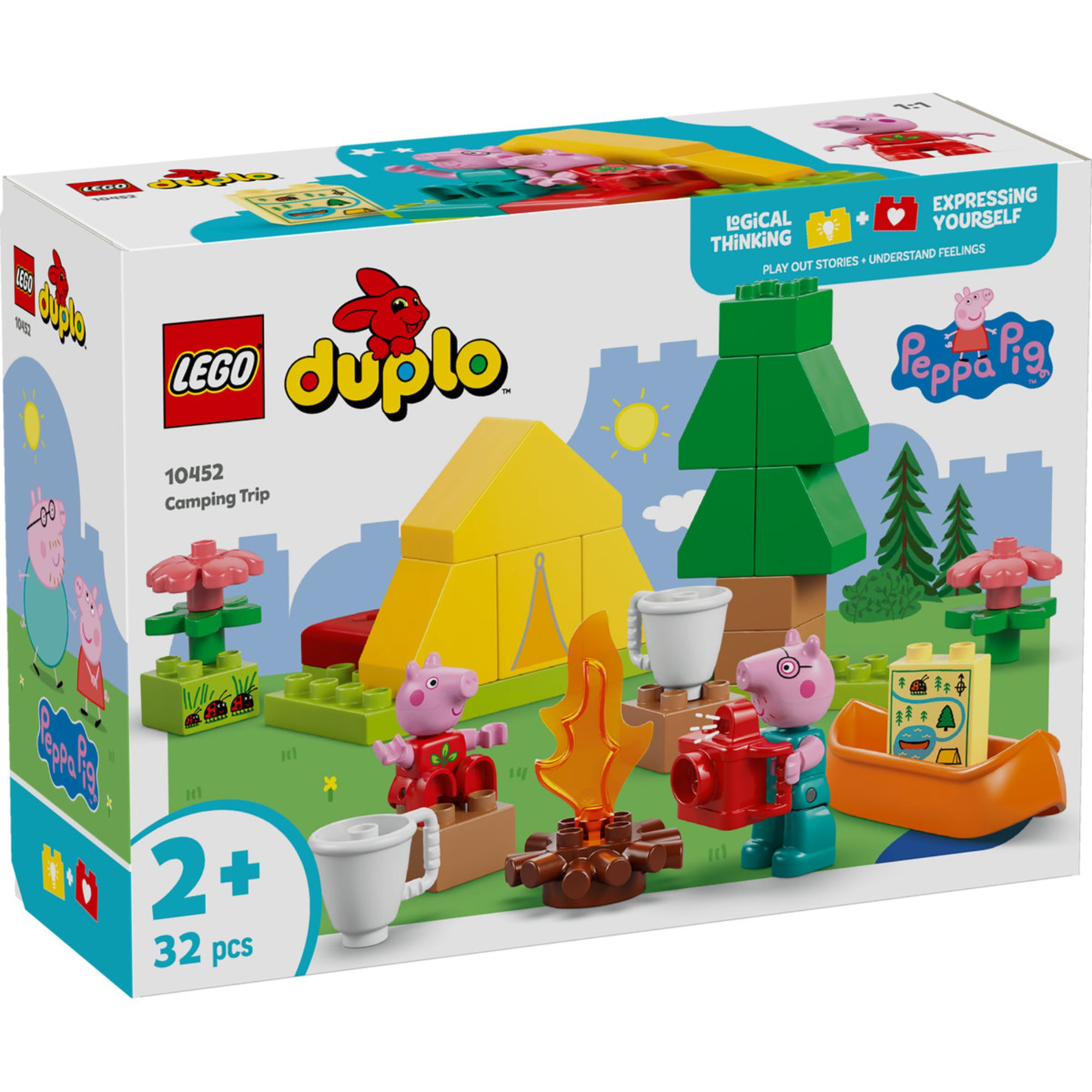 A képen a LEGO DUPLO Peppa malac – Kempingezős kirándulás (10452) építőkészlet látható. Ez az aranyos szett 2 éves kortól ajánlott, és lehetőséget ad a gyerekeknek, hogy Peppa malaccal és Papa malaccal együtt fedezzék fel a természetet. A dobozon látható egy sárga sátor, tábortűz, kenu, fényképezőgép, bögre és térkép, amelyek segítségével a kicsik izgalmas kempingezős kalandokat élhetnek át. Tökéletes választás a Peppa-rajongóknak!