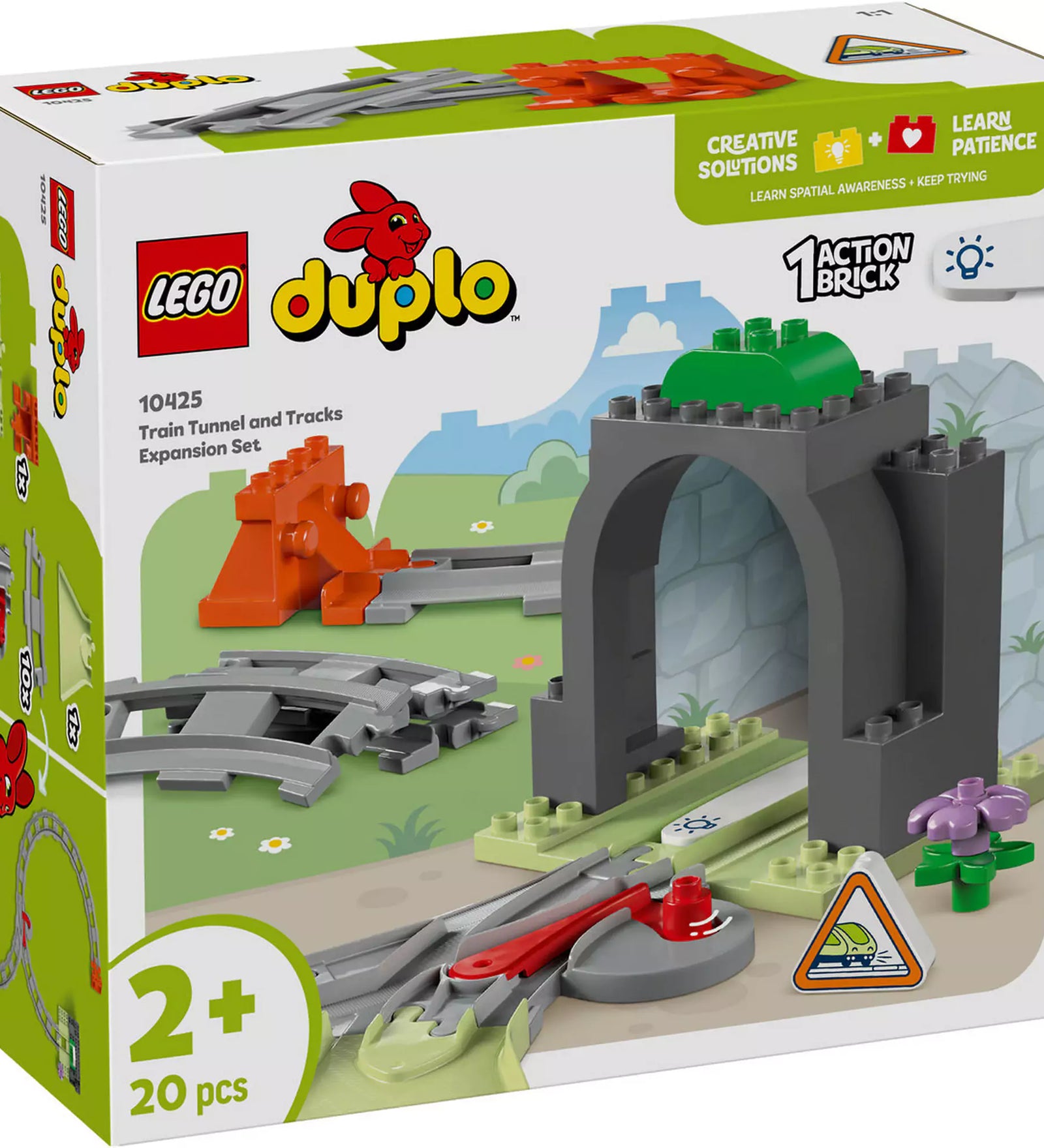 LEGO DUPLO Kiegészítő készlet - Alagút és Vasúti Sínek (10425), amely egy alagutat, 10 sínrészt és interaktív akciótégla elemet tartalmaz, tökéletes a vonatos játékok bővítéséhez.