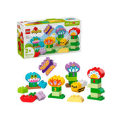 LEGO DUPLO Kreatív kert és virágok (10444) építőkészlet csomagolása, amely 2 éves és annál idősebb gyermekek számára készült, színes virágokat és állatfigurákat tartalmaz.