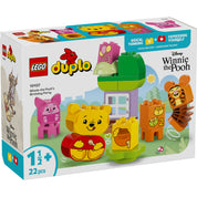 A LEGO DUPLO Micimackó Születésnapi Buli (10457) doboza, amelyen a színes építőkészlet látható Micimackó, Malacka és Tigris figuráival, valamint számos interaktív elemmel.