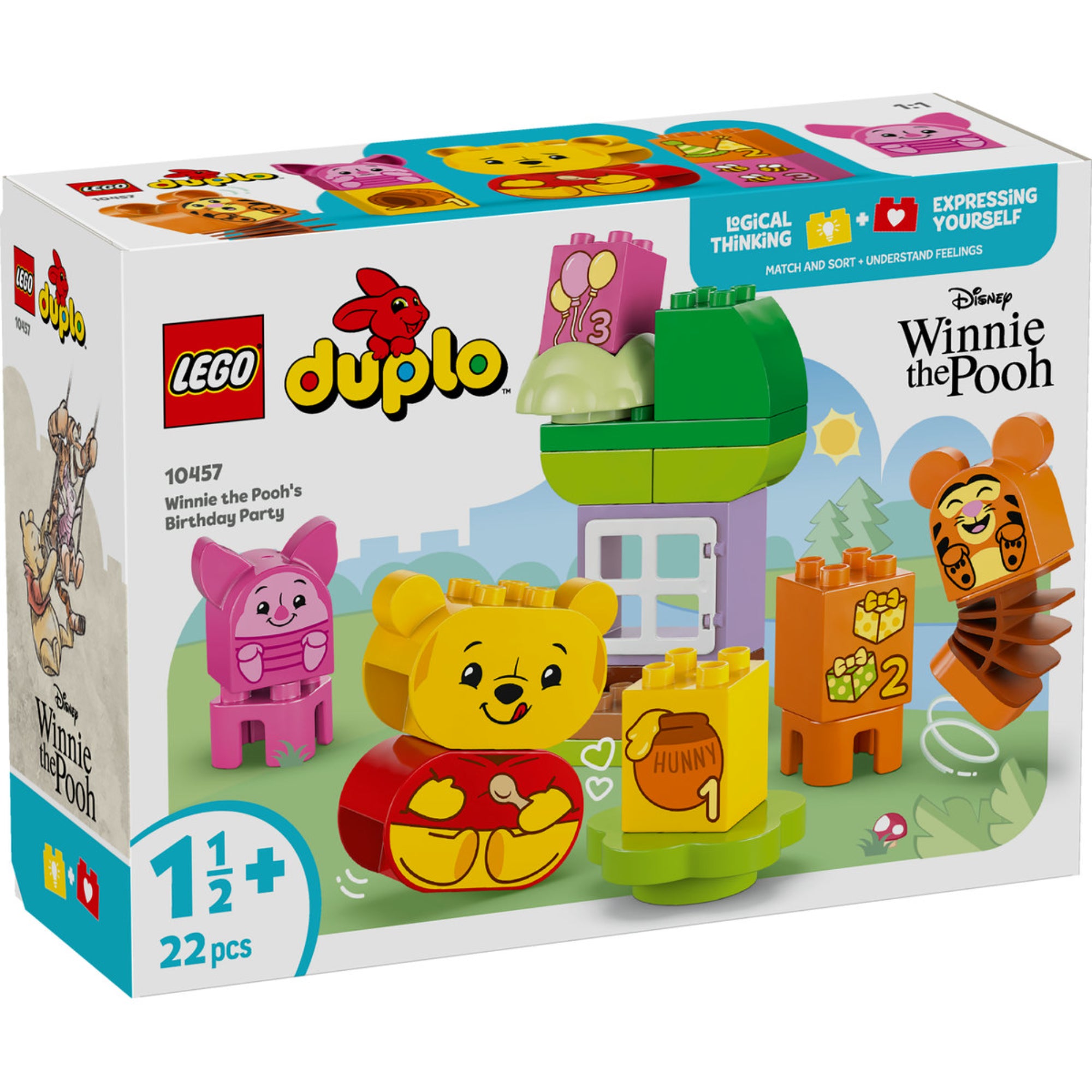 A LEGO DUPLO Micimackó Születésnapi Buli (10457) doboza, amelyen a színes építőkészlet látható Micimackó, Malacka és Tigris figuráival, valamint számos interaktív elemmel.