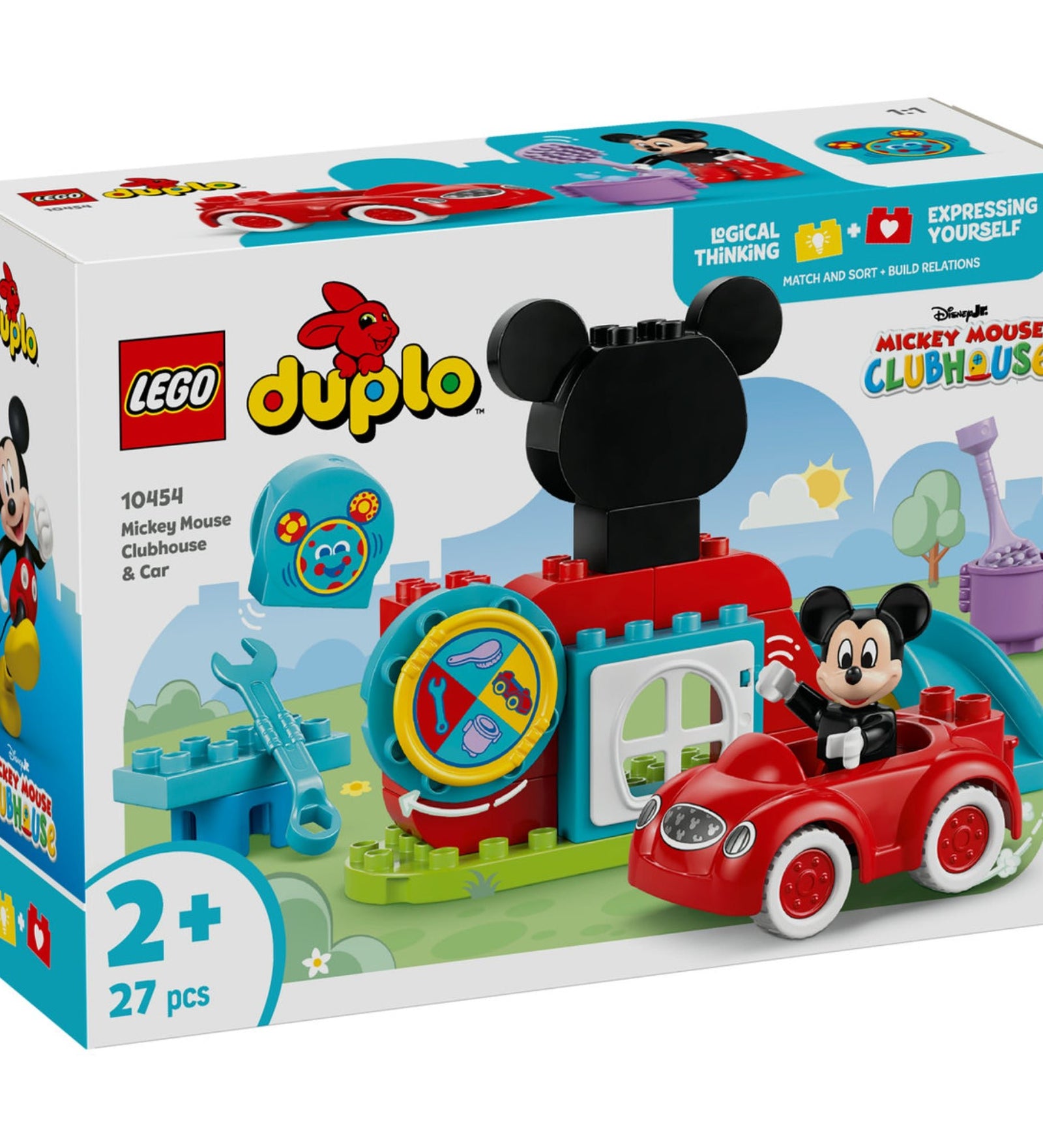 A képen a LEGO DUPLO Mickey egér játszótere és autója (10454) készlet látható, amely tökéletes választás a kis Disney-rajongóknak! A szettben egy vidám játszótér és egy piros kisautó található, amelyben Mickey egér száguldozhat. A gyerekek a pörgethető kerék segítségével kiválaszthatják a napi feladatokat, például autószerelést vagy csúszdázást, miközben fejlődik a kreativitásuk és finommotoros készségeik.