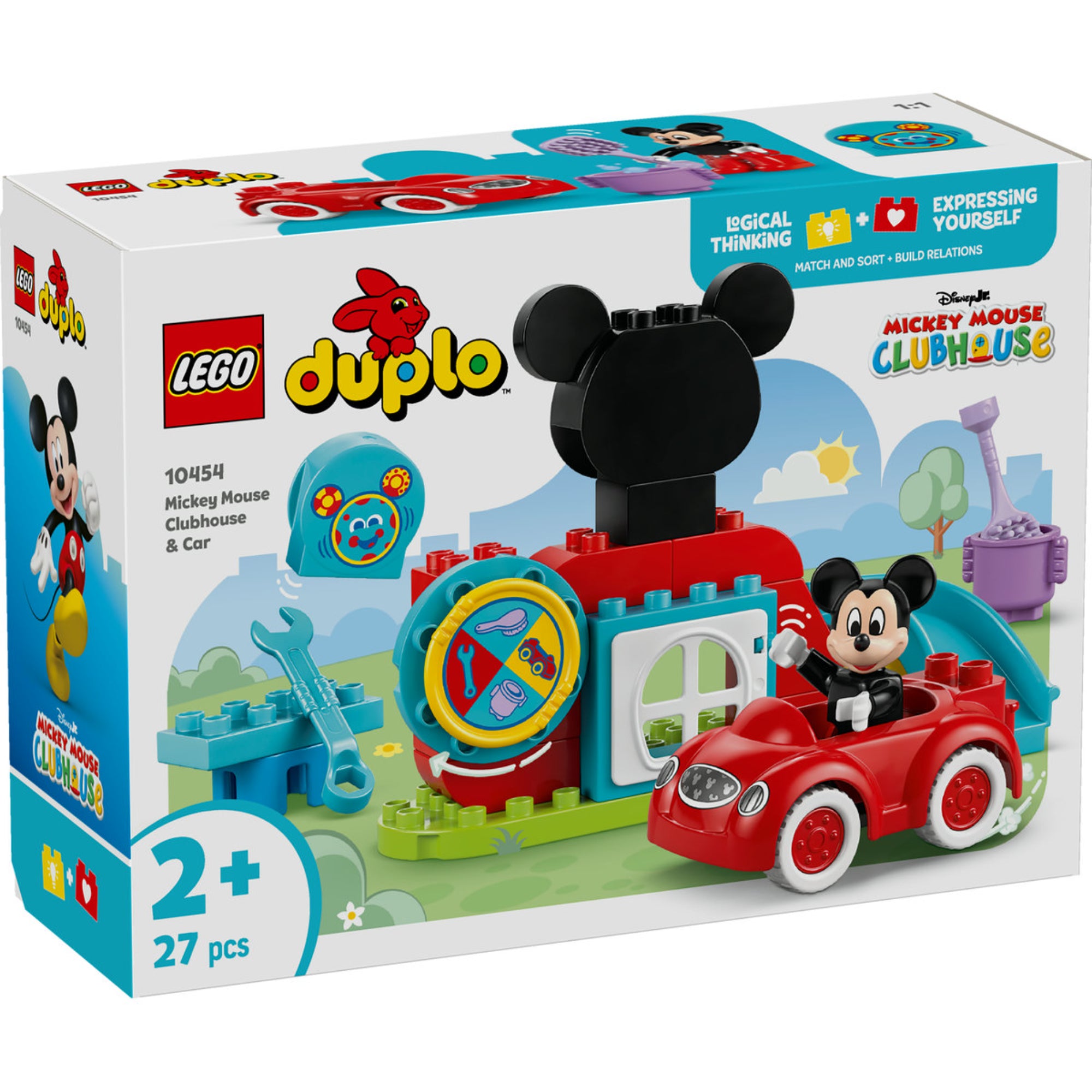 A képen a LEGO DUPLO Mickey egér játszótere és autója (10454) készlet látható, amely tökéletes választás a kis Disney-rajongóknak! A szettben egy vidám játszótér és egy piros kisautó található, amelyben Mickey egér száguldozhat. A gyerekek a pörgethető kerék segítségével kiválaszthatják a napi feladatokat, például autószerelést vagy csúszdázást, miközben fejlődik a kreativitásuk és finommotoros készségeik.