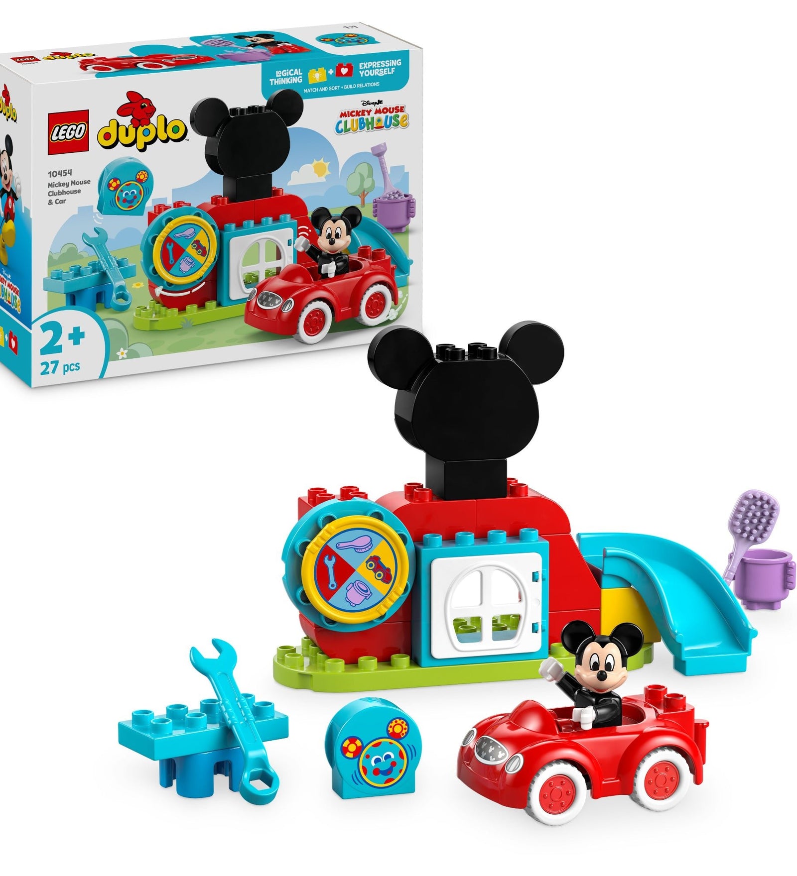 A képen a LEGO DUPLO Mickey egér játszótere és autója (10454) építőkészlet látható, amely egy színes játszóházat, egy vidám csúszdát, egy forgatható Szerkentyűt és egy piros kisautót tartalmaz Mickey egér figurájával. Ez a készlet fejleszti a kisgyermekek kreativitását, logikus gondolkodását és finommotoros készségeit, miközben örömteli játékélményt nyújt a legkisebb Disney-rajongóknak.