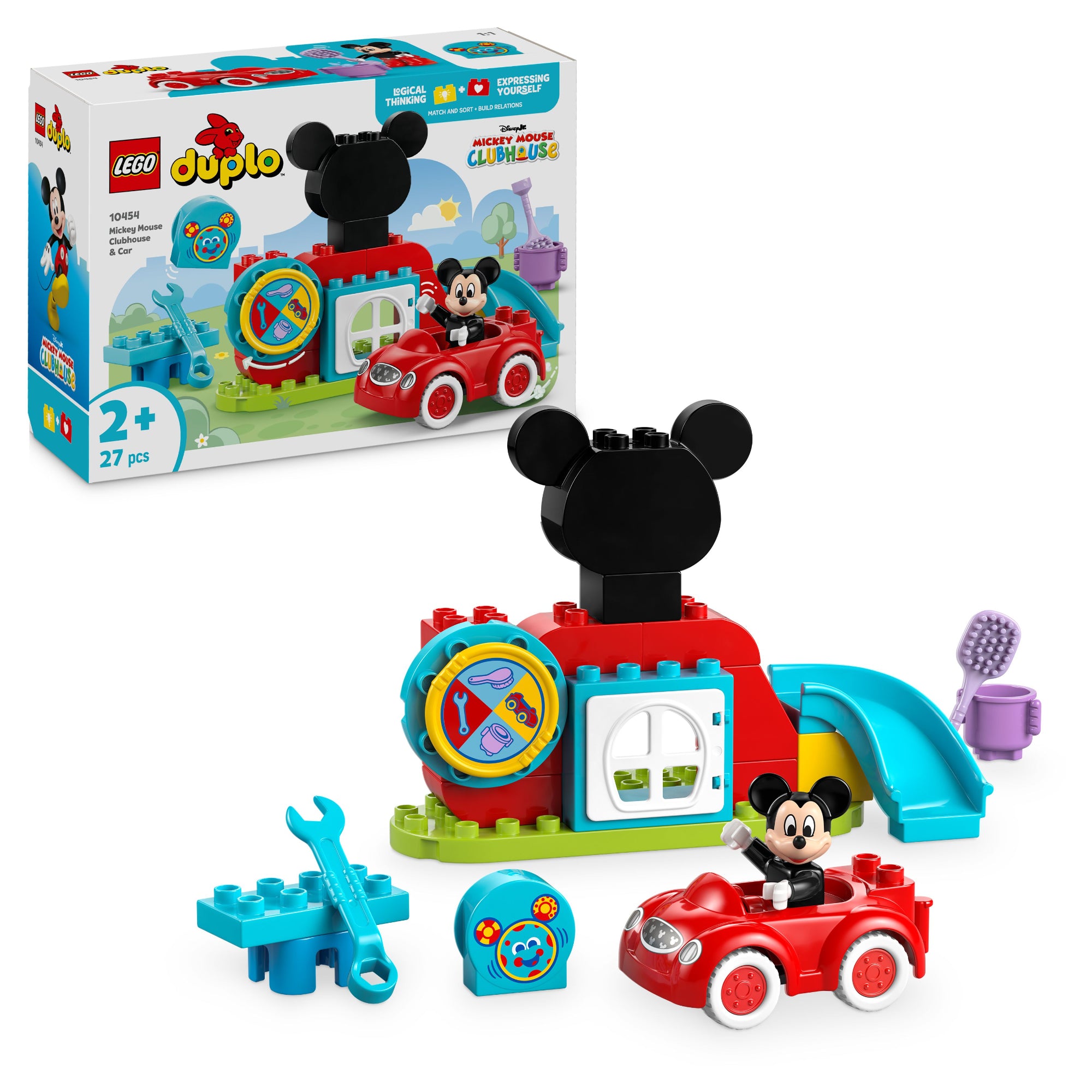 A képen a LEGO DUPLO Mickey egér játszótere és autója (10454) építőkészlet látható, amely egy színes játszóházat, egy vidám csúszdát, egy forgatható Szerkentyűt és egy piros kisautót tartalmaz Mickey egér figurájával. Ez a készlet fejleszti a kisgyermekek kreativitását, logikus gondolkodását és finommotoros készségeit, miközben örömteli játékélményt nyújt a legkisebb Disney-rajongóknak.