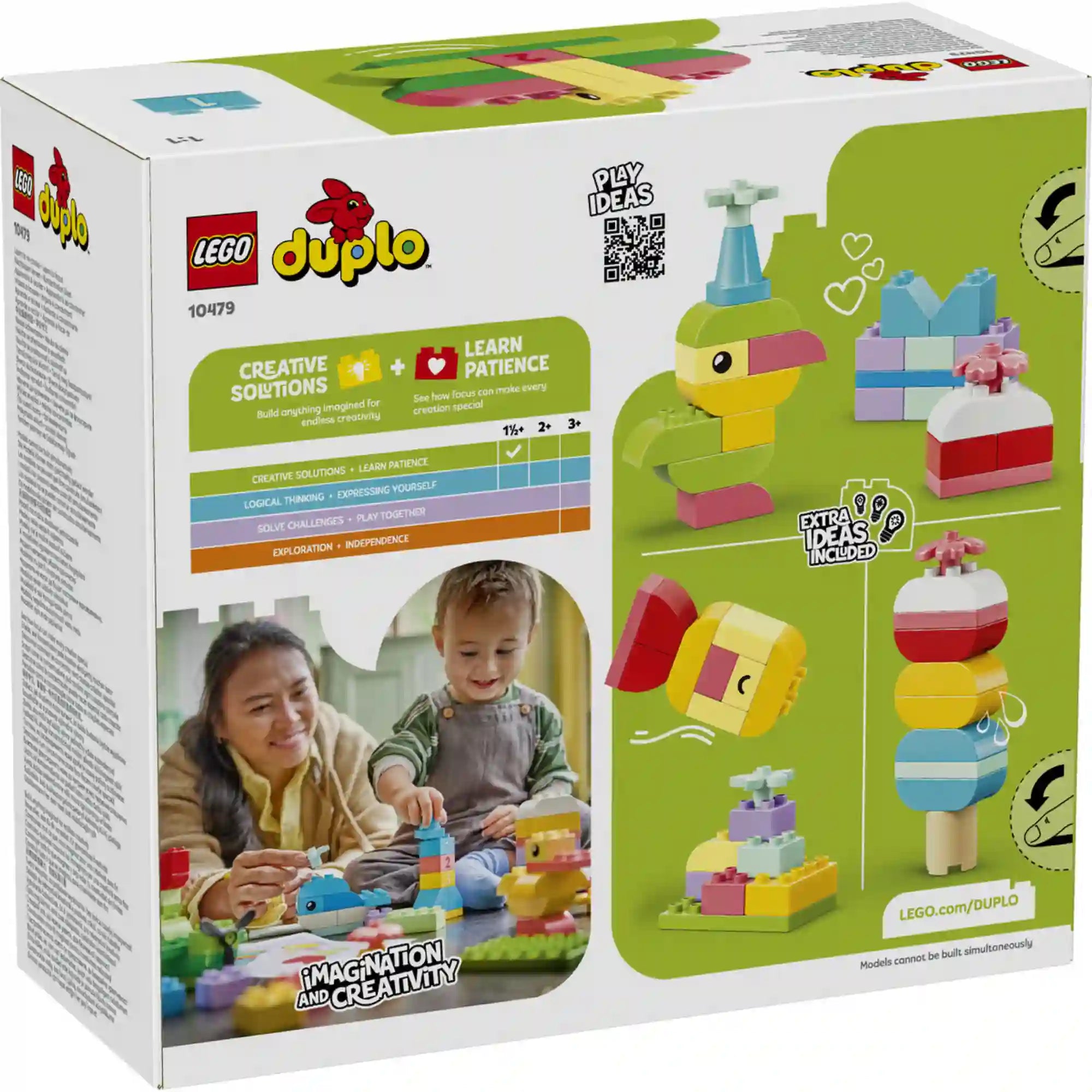LEGO DUPLO Első színes kreatív dobozom (10479) dobozának hátoldala, amely további építési inspirációkat, játékötleteket és a készlettel játszó kisgyermeket mutat be.