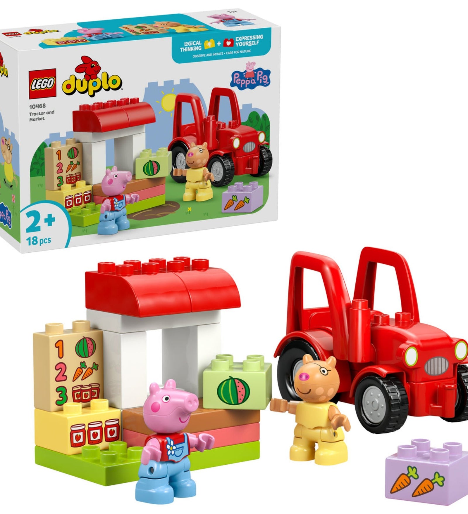 LEGO DUPLO 10468 Tractor and Market készlet doboza és az összeépített piaci stand piros traktorral és Peppa malac figurával.