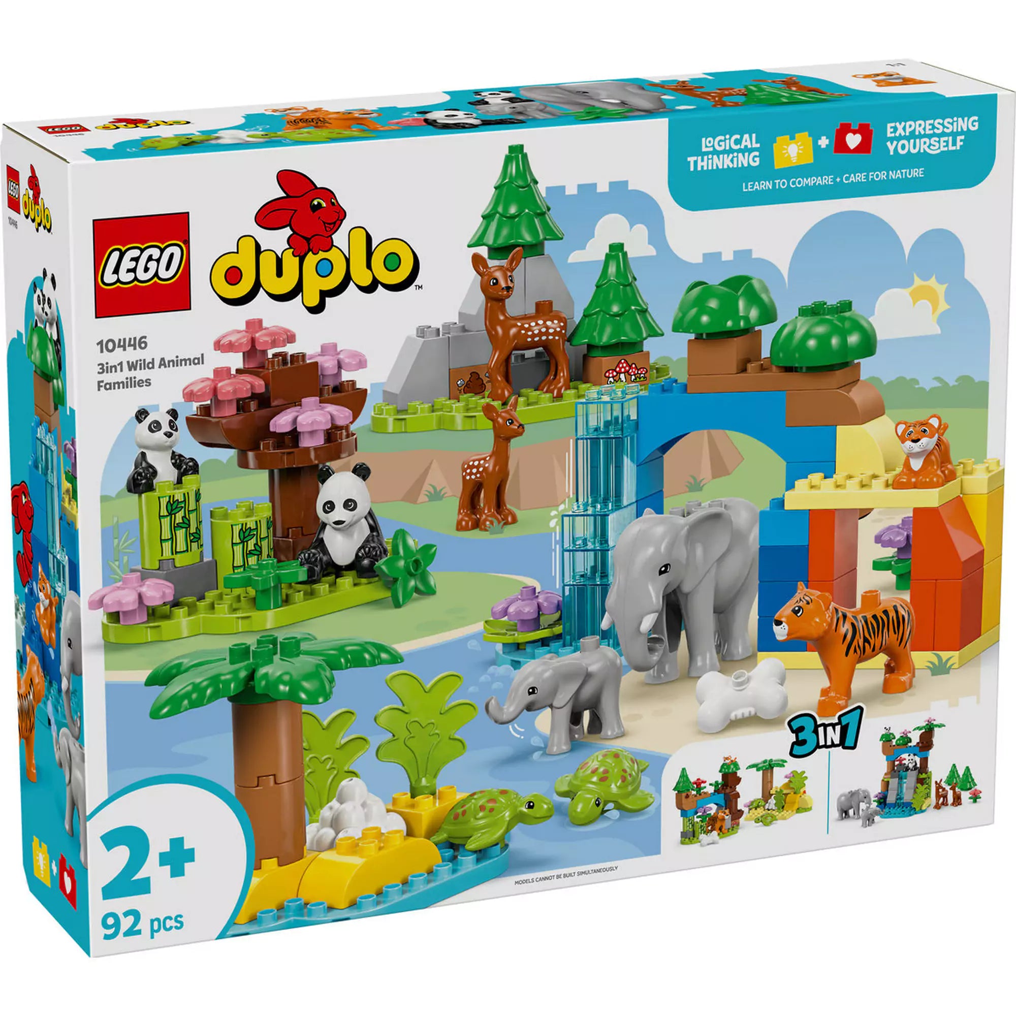 LEGO DUPLO Vadállatcsaládok 3 az 1-ben építőkészlet, színes állatfigurákkal, mint például panda, őz, elefánt és tigris, valamint egy játékos természetes környezetben ábrázolt jelenet.