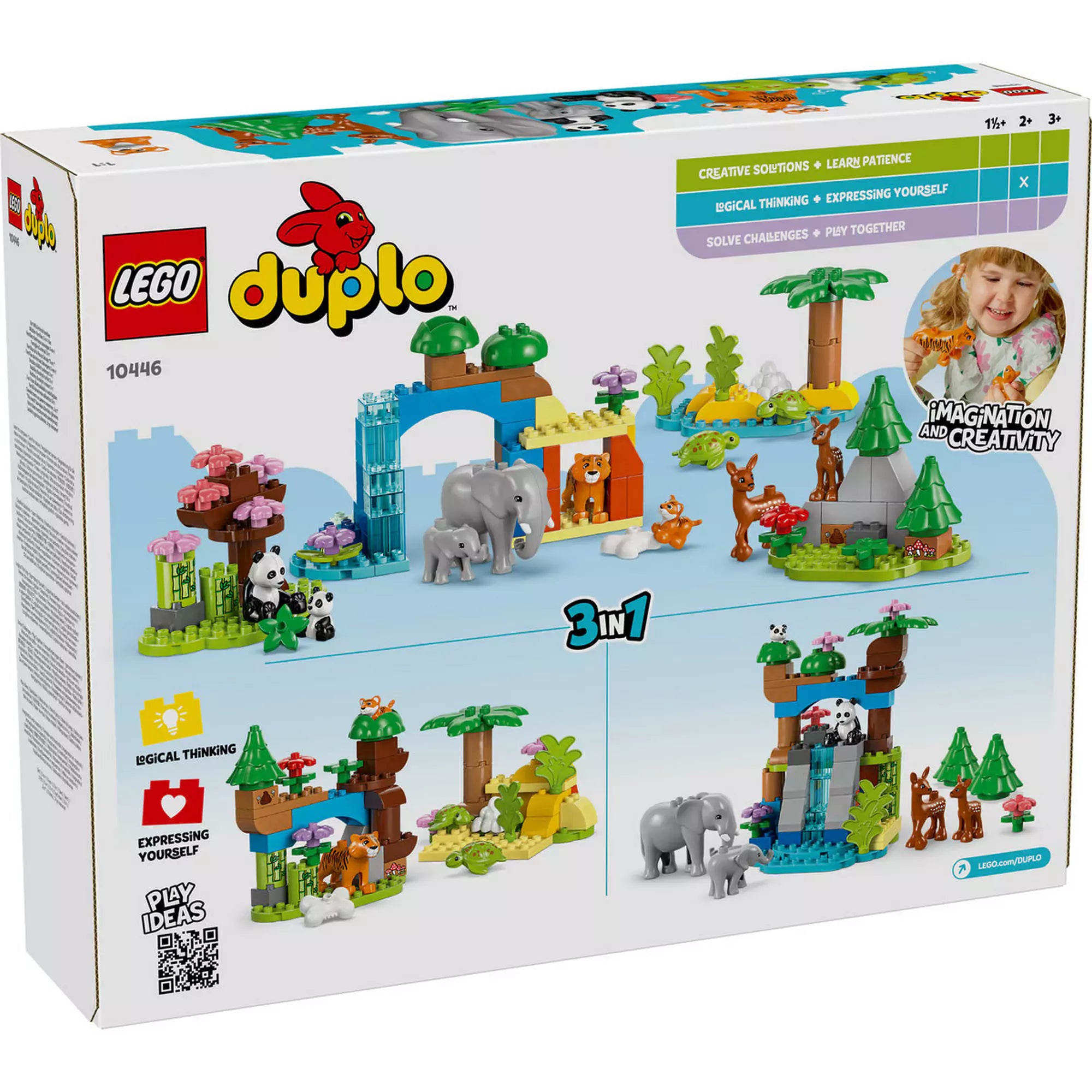 LEGO DUPLO Vadállatcsaládok 3 az 1-ben építőkészlet hátoldala, amely bemutatja az összeszerelhető különböző természeti jeleneteket, például egy vízesést elefántokkal, egy erdei tisztást őzekkel és egy tengerparti területet teknősökkel, valamint a kreativitást és képzelőerőt fejlesztő játék lehetőségeit.