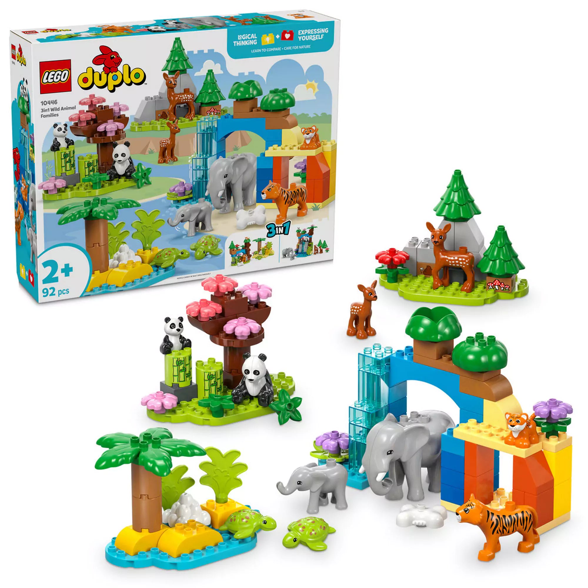 LEGO DUPLO Vadállatcsaládok 3 az 1-ben építőkészlet, amely különböző állatos jeleneteket mutat be: panda és őzgida az erdőben, elefántok a vízesésnél és teknősök a tengerparton, kreatív és tanulást segítő játéklehetőségekkel.