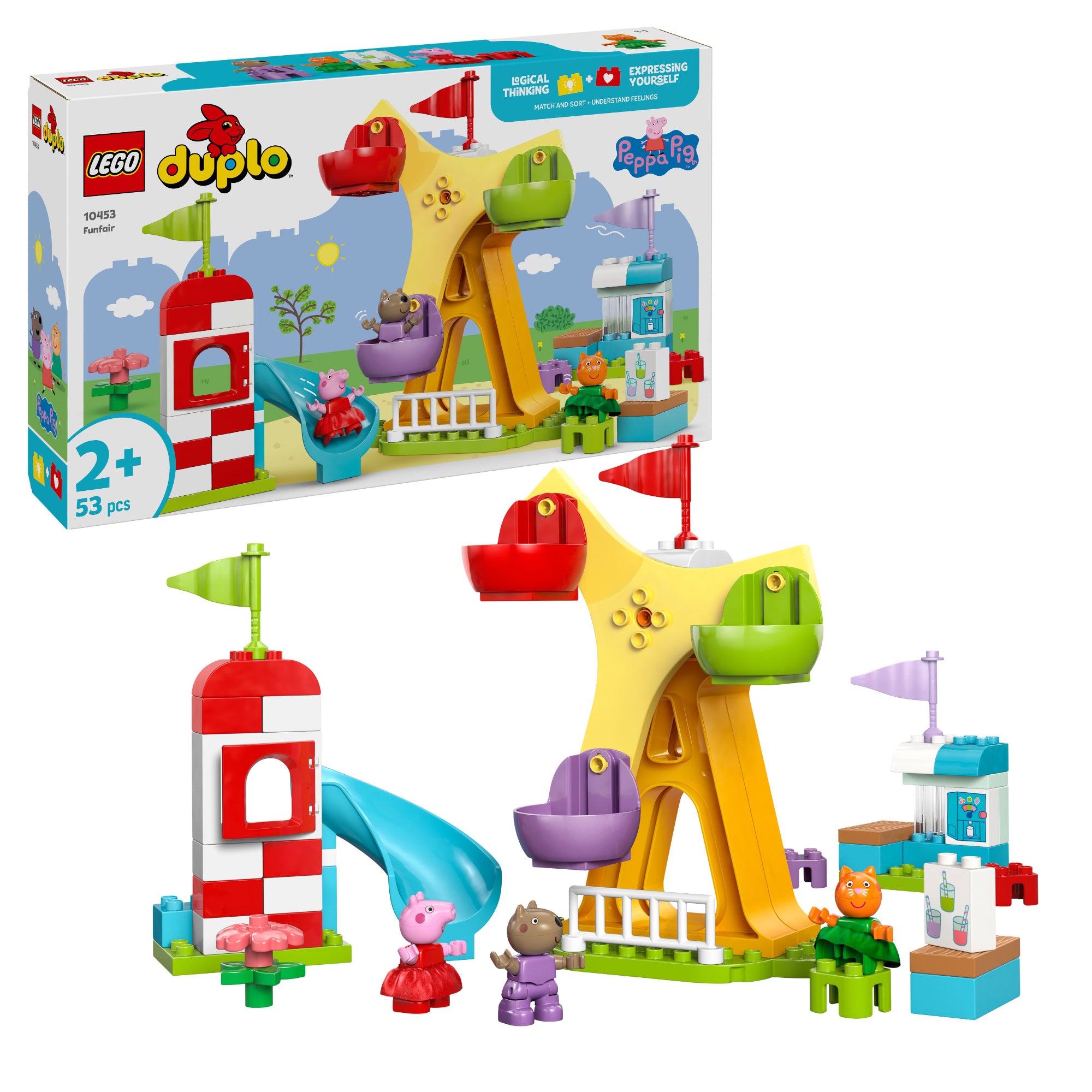 A LEGO DUPLO Peppa Malac Vidámpark (10453) doboza és az összeépített készlet, amely tartalmaz egy óriáskereket, csúszdát, valamint Peppa Malac, Candy Cat és Danny Dog figuráit.