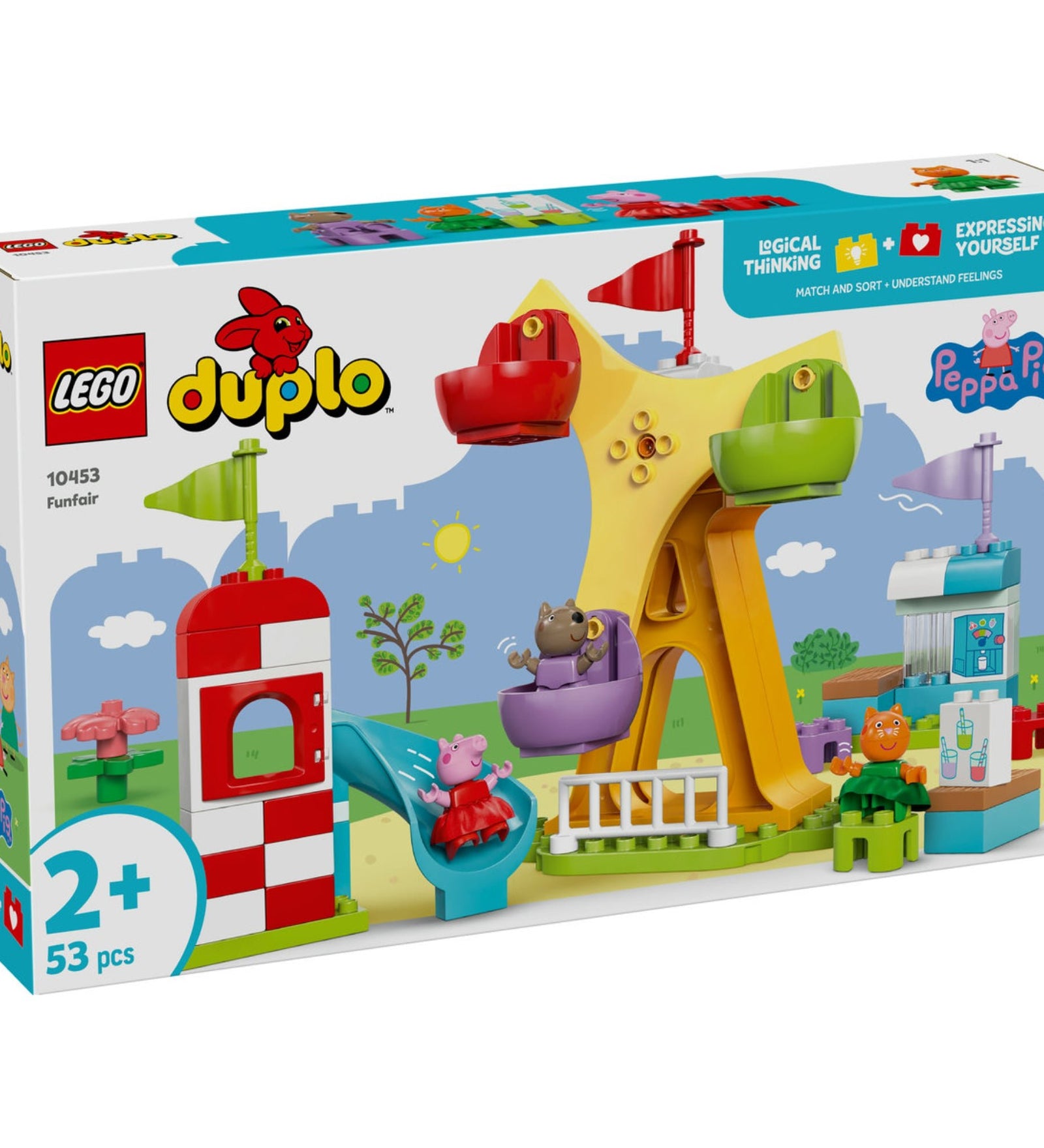 A LEGO DUPLO Peppa Malac Vidámpark (10453) doboza, amelyen a színes építőkészlet látható óriáskerékkel, csúszdával és Peppa Malac, Candy Cat és Danny Dog figuráival.