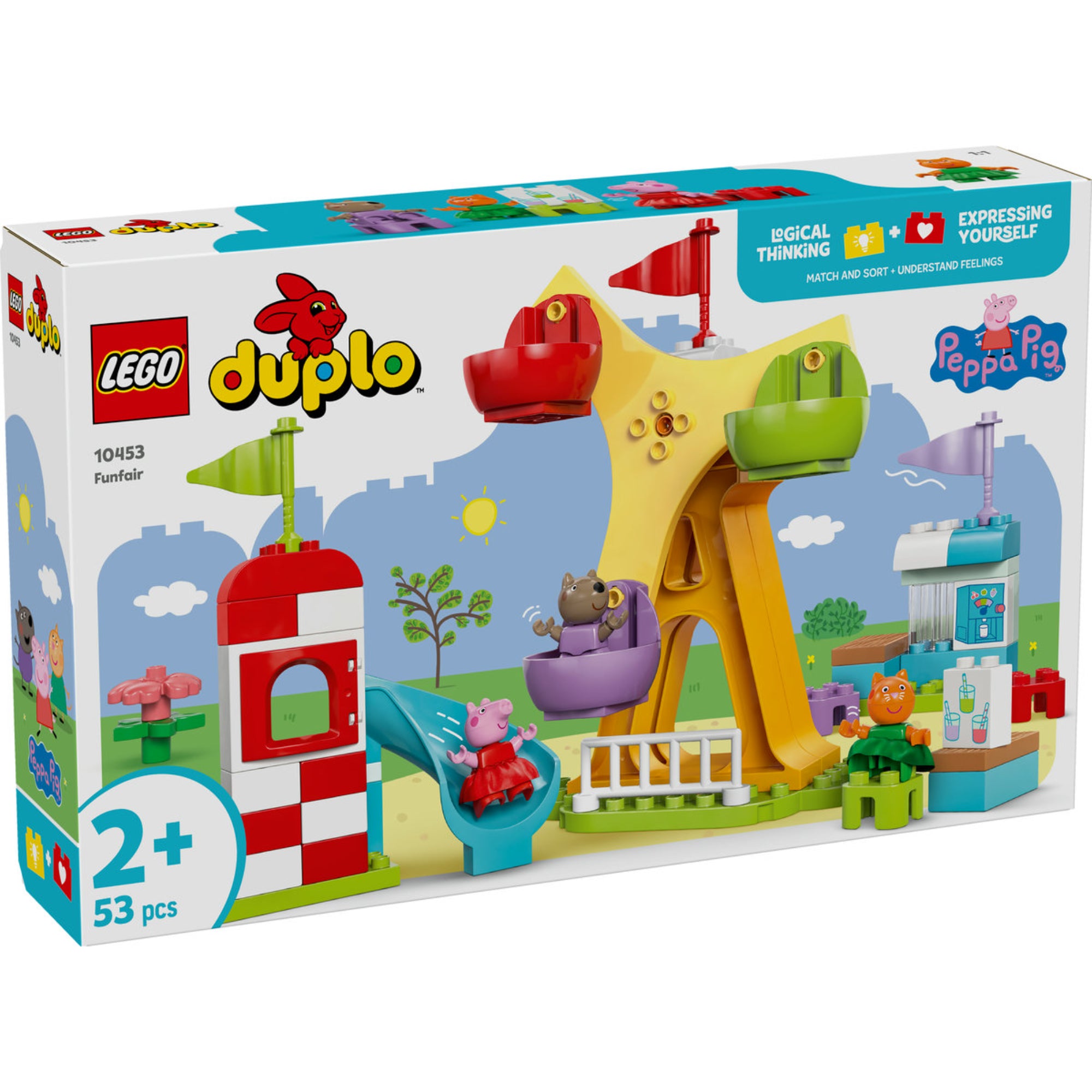 A LEGO DUPLO Peppa Malac Vidámpark (10453) doboza, amelyen a színes építőkészlet látható óriáskerékkel, csúszdával és Peppa Malac, Candy Cat és Danny Dog figuráival.