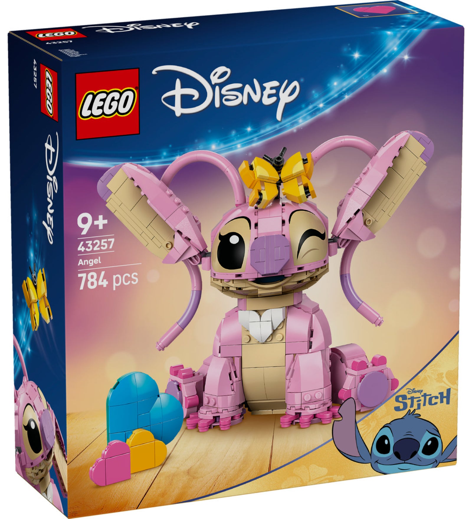 A LEGO Disney 43257 Angel készlet dobozának elölnézete, rajta a 784 darabos, 9 éves kortól ajánlott LEGO Angel figura építőszettel és Stitch karakter grafikájával.