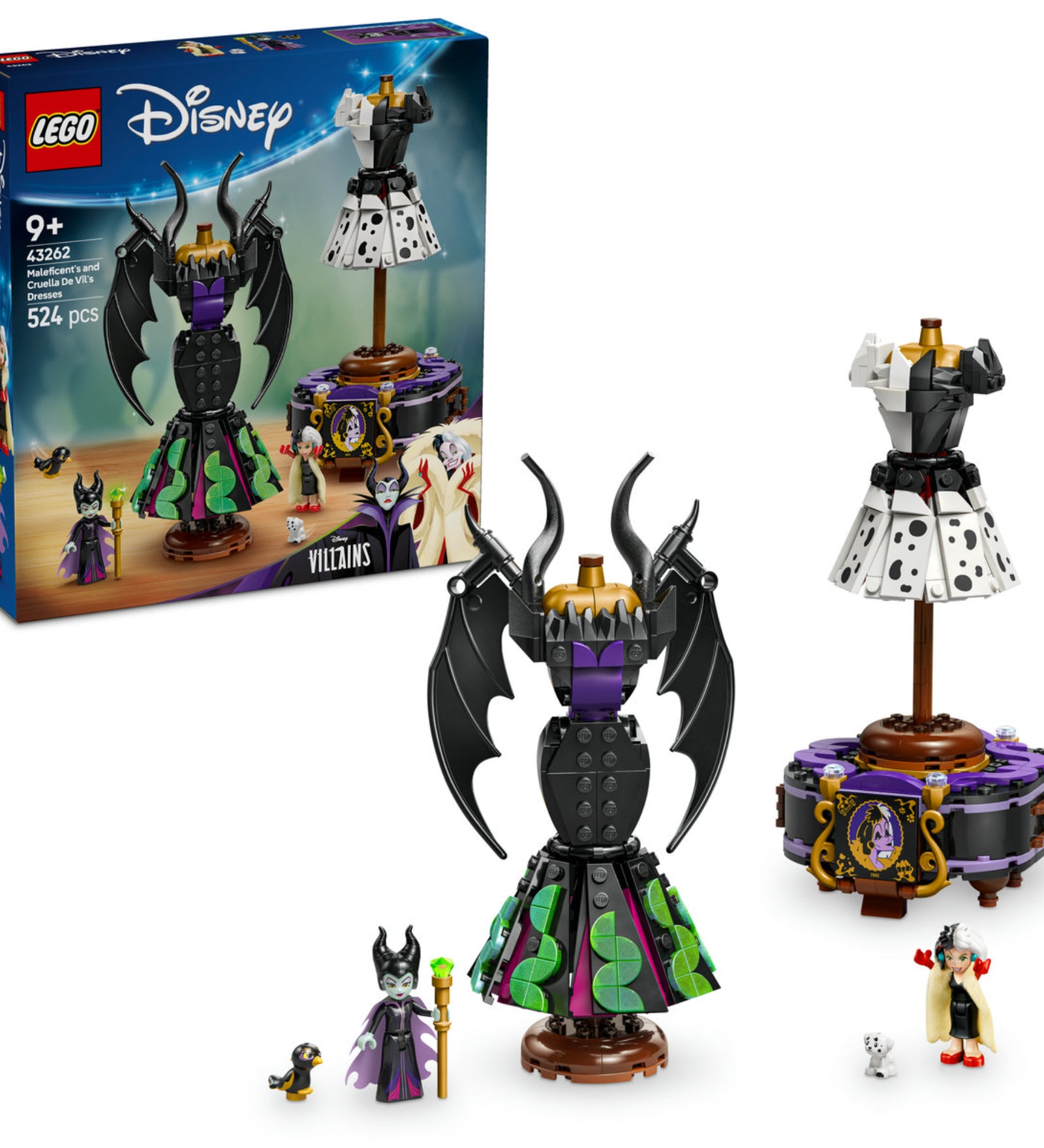 LEGO Disney 43262 - Maleficent és Cruella De Vil ikonikus ruhái építőkészlet. A csomag két részletesen kidolgozott ruhaállvánnyal és minifigurákkal érkezik.