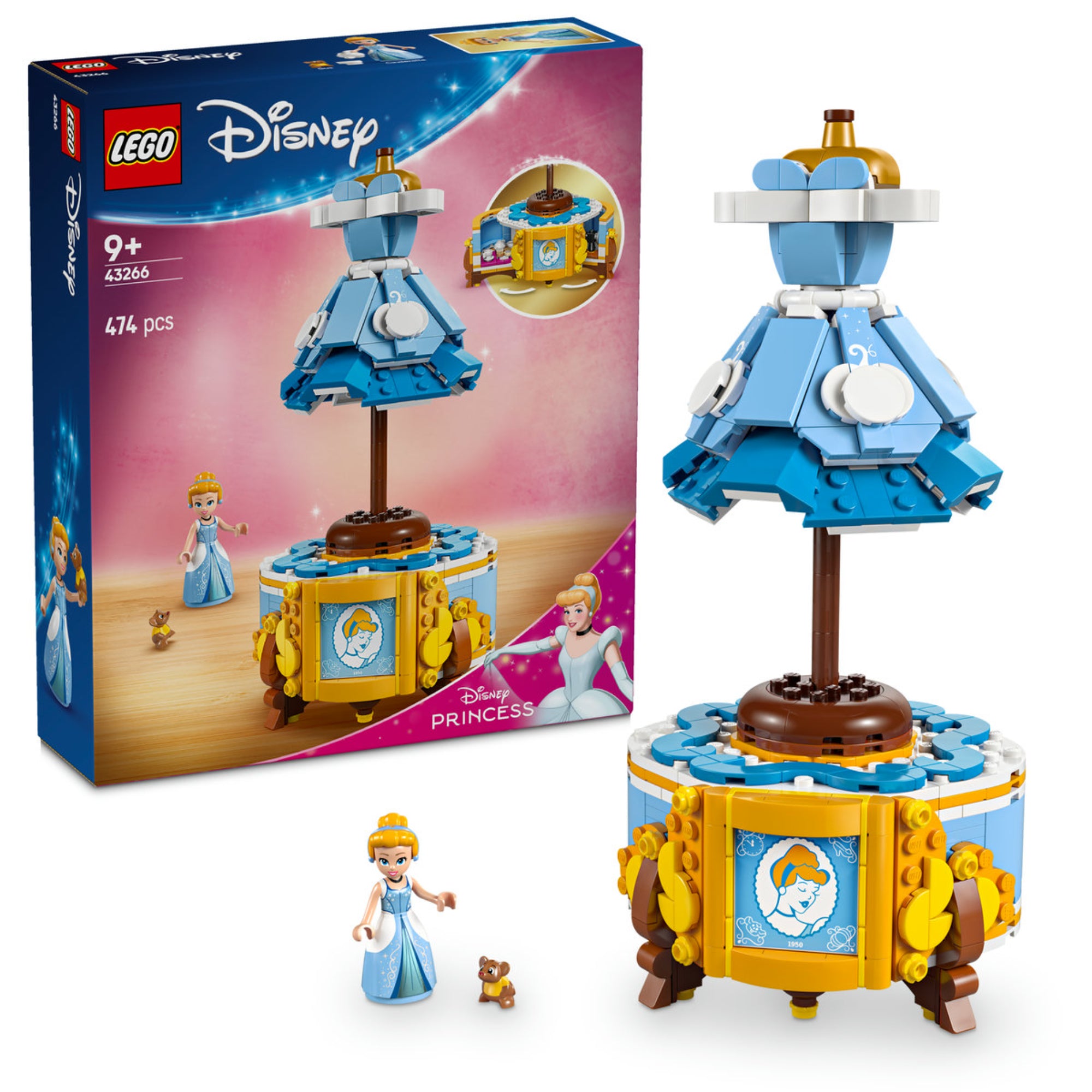 LEGO Disney 43266 Hamupipőke ruhája építőkészlet, amely tartalmaz egy kék ruhát bemutatóállványon, egy Hamupipőke minifigurát és egy kisállatot.