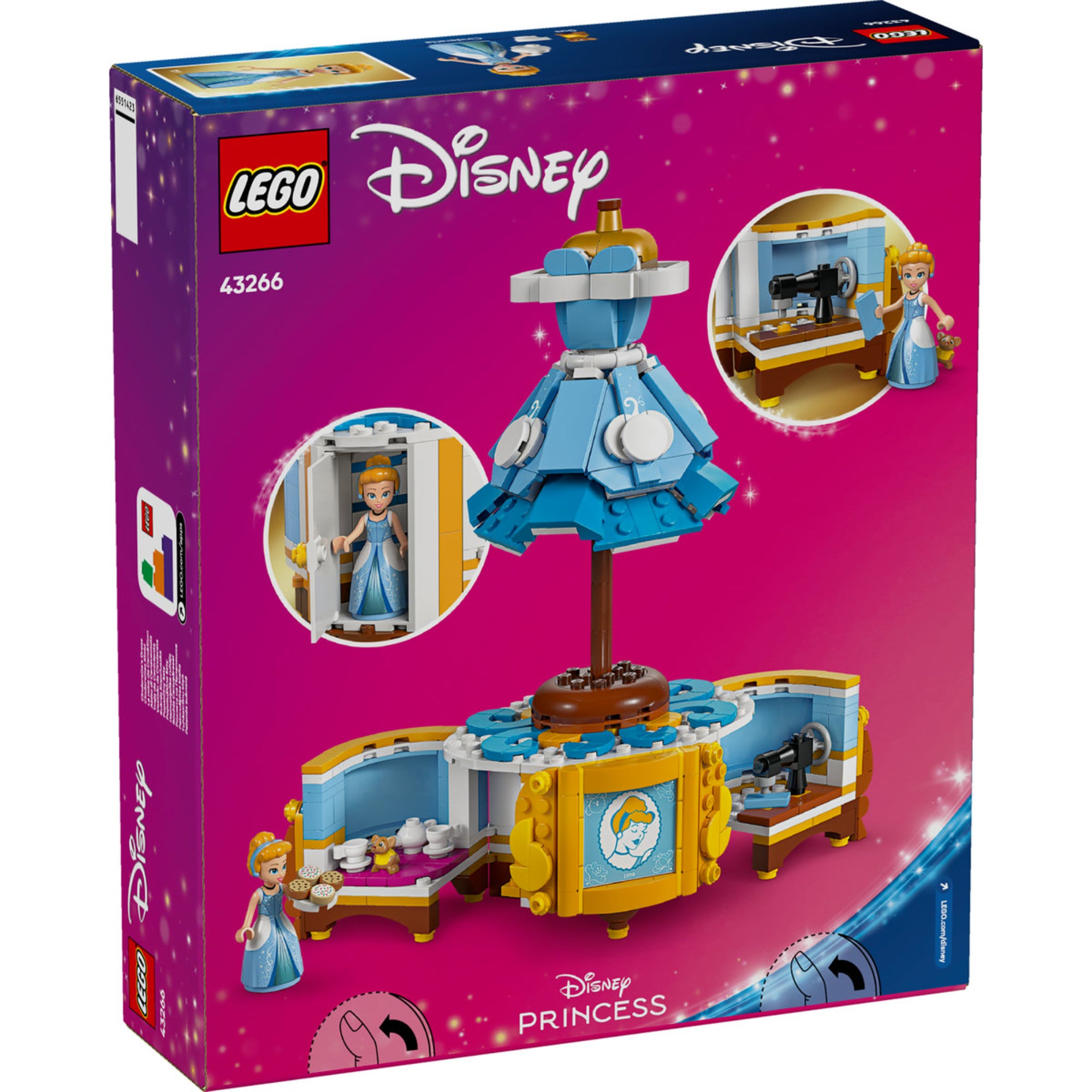 LEGO Disney 43266 Hamupipőke ruhája építőkészlet dobozának hátoldala, amely tartalmaz egy elegáns kék ruhát, egy bemutatóállványt és egy Hamupipőke minifigurát.