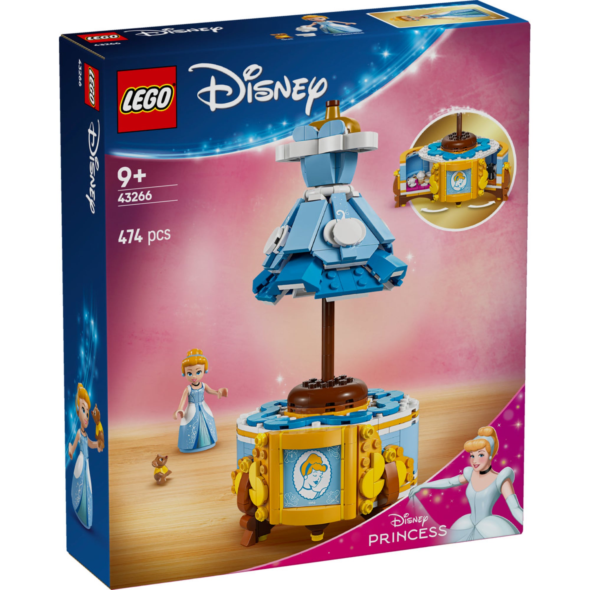 LEGO Disney 43266 Hamupipőke ruhája építőkészlet doboza, amely tartalmaz egy kék ruhát állványon, Hamupipőke minifigurát és egy kisállatot.