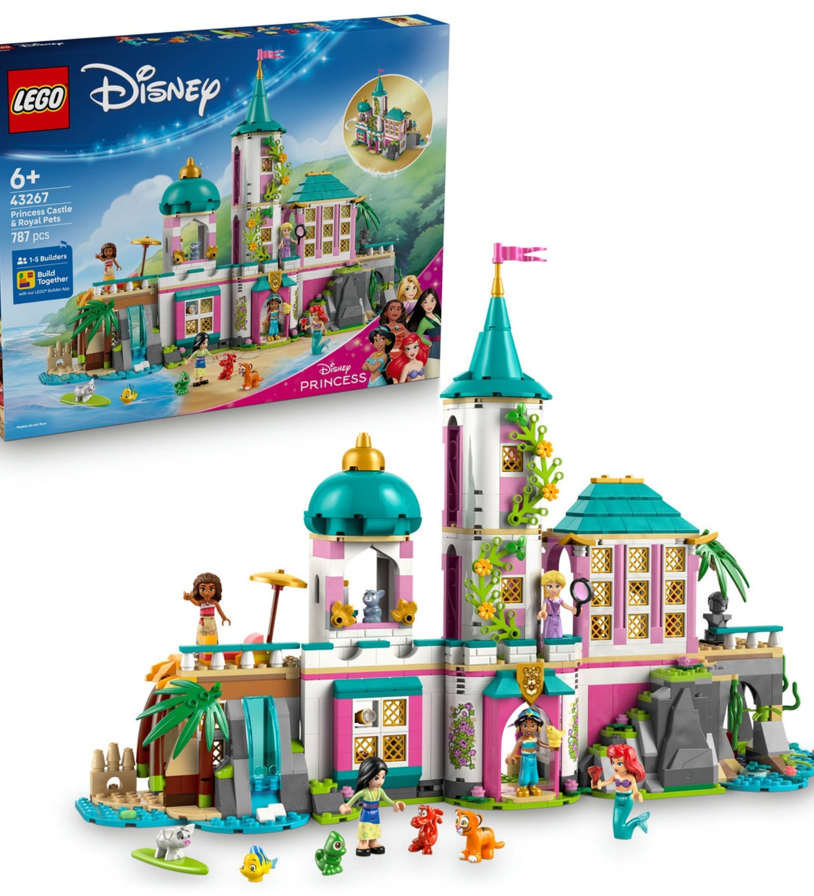 LEGO Disney Princess Castle & Royal Pets (43267) doboz és vár – A színes kastély Disney hercegnőkkel és kedvenc állataikkal.