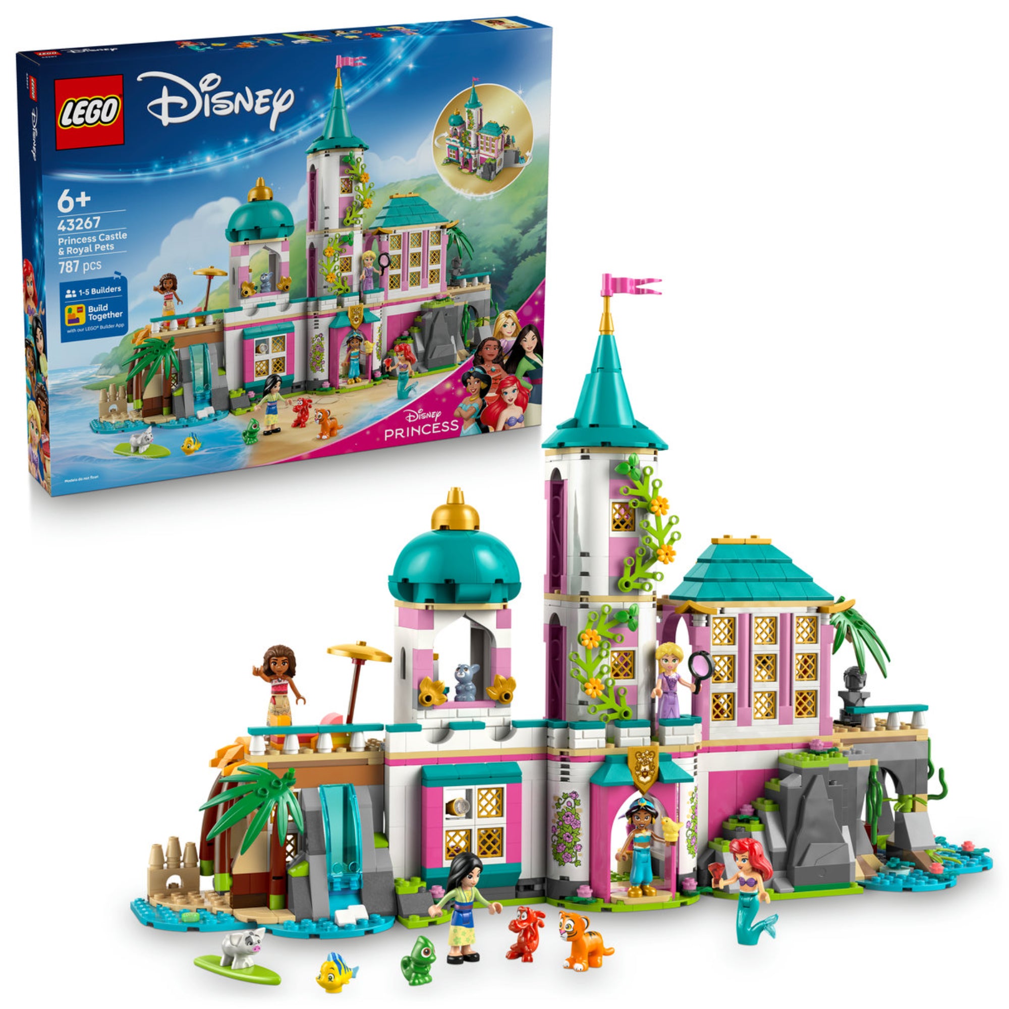 LEGO Disney Princess Castle & Royal Pets (43267) doboz és vár – A színes kastély Disney hercegnőkkel és kedvenc állataikkal.