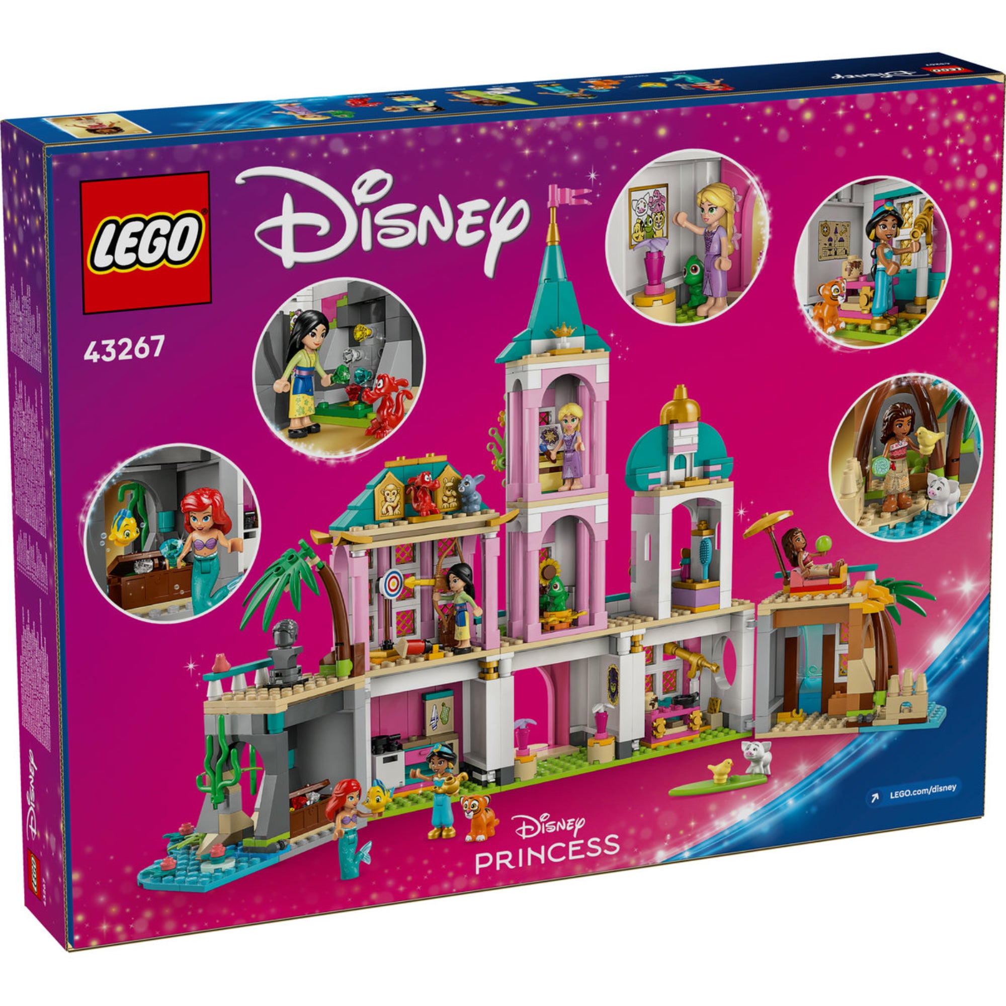 LEGO Disney Princess Castle & Royal Pets (43267) doboz hátlap – A kastély belső terei, játéklehetőségek és a hercegnők közös jelenetei.
