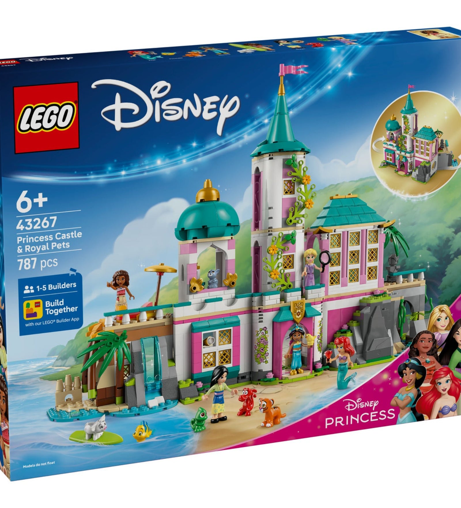 LEGO Disney Princess Castle & Royal Pets (43267) dobozkép előlnézet – A díszdobozon a kastély, a hercegnők és a tengerparti környezet.