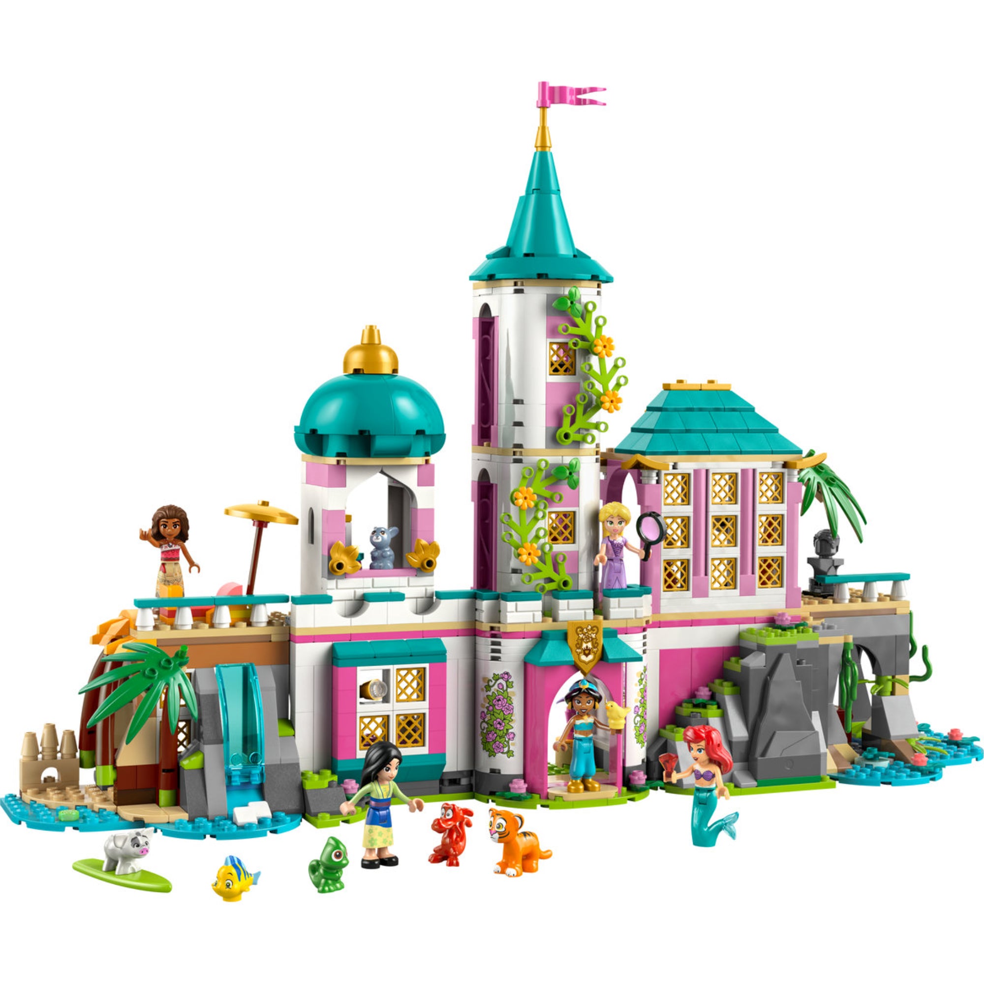 LEGO Disney Princess Castle & Royal Pets (43267) teljes készlet – A rózsaszín-türkiz kastély Moana, Aranyhaj, Jázmin és Ariel figuráival.