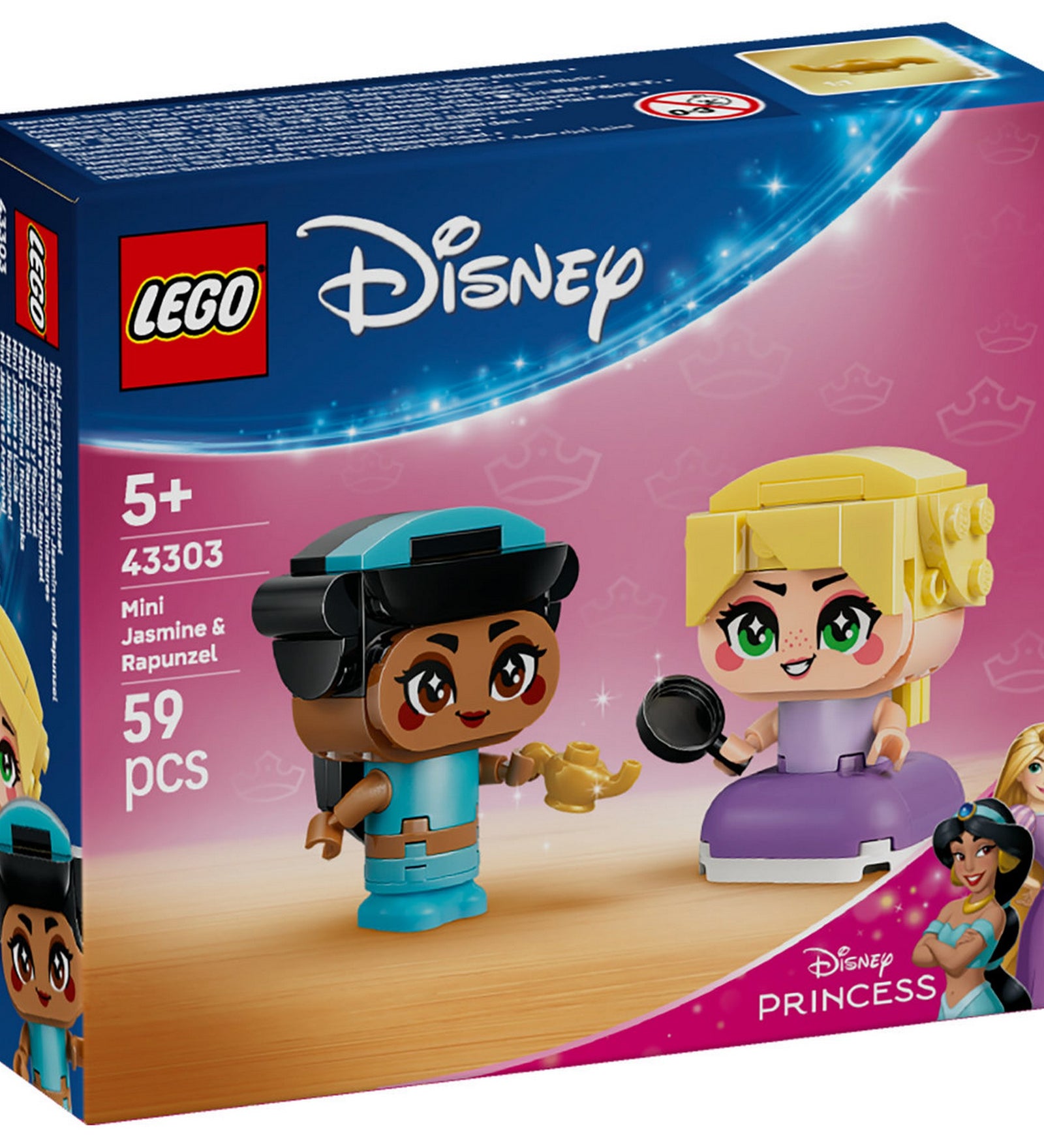 LEGO Disney Mini Jázmin és Aranyhaj (43303) készlet elölnézetben, Jázmin és Aranyhaj figuráival