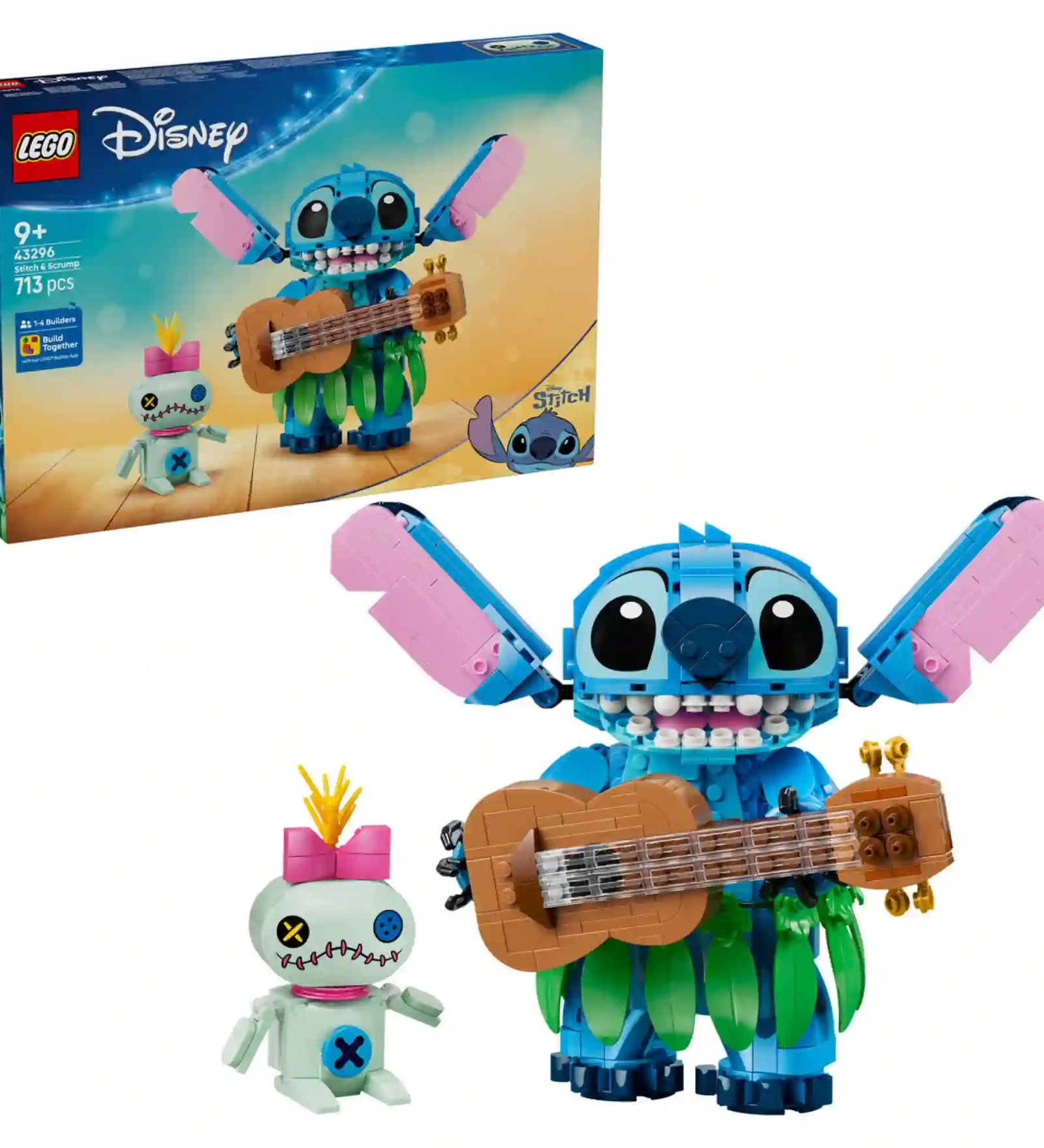LEGO Disney Stitch és Scrump (43296) doboza és megépített figurái, Stitch ukulelével és Scrump babával fehér háttéren.