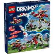 A LEGO Dreamzzz Cooper tigrisrobotja és Zero hot rod autója (71497) dobozhátlapja, bemutatva az építési lehetőségeket.
