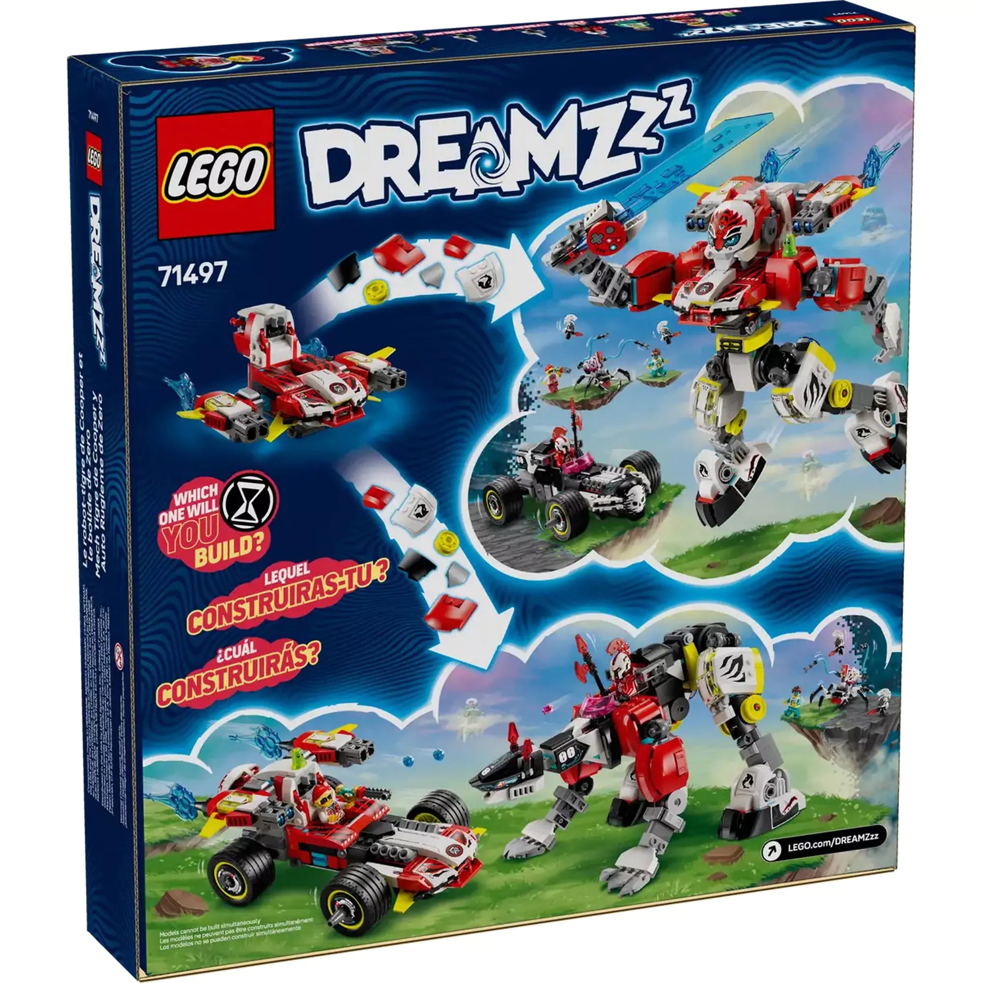 A LEGO Dreamzzz Cooper tigrisrobotja és Zero hot rod autója (71497) dobozhátlapja, bemutatva az építési lehetőségeket.