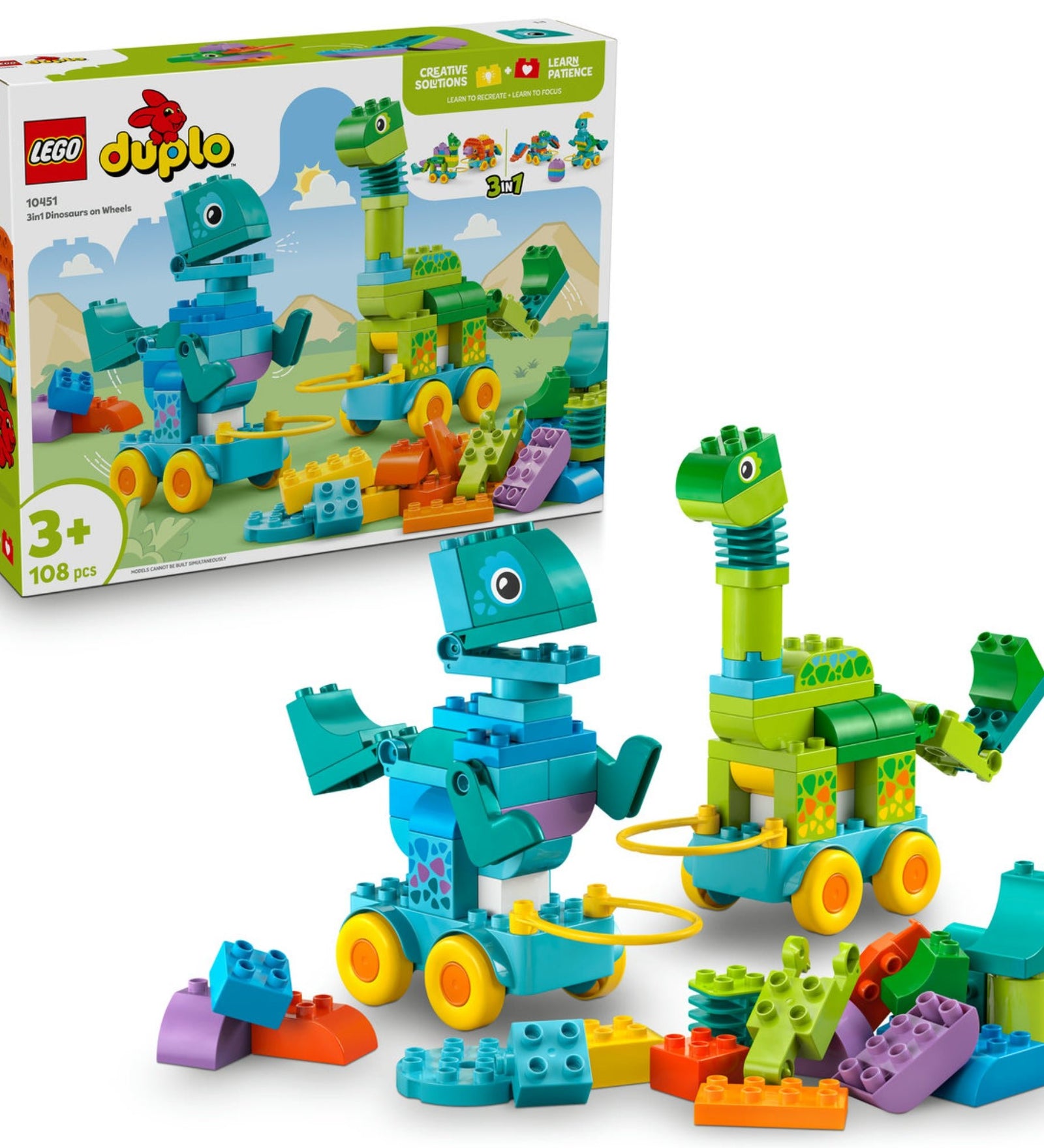 A LEGO DUPLO 10451 3 az 1-ben Dinók kerekeken készlet színes építőelemekkel: két guruló dínófigura és számos élénk színű kocka látható kirakva, háttérben a készlet dobozával.