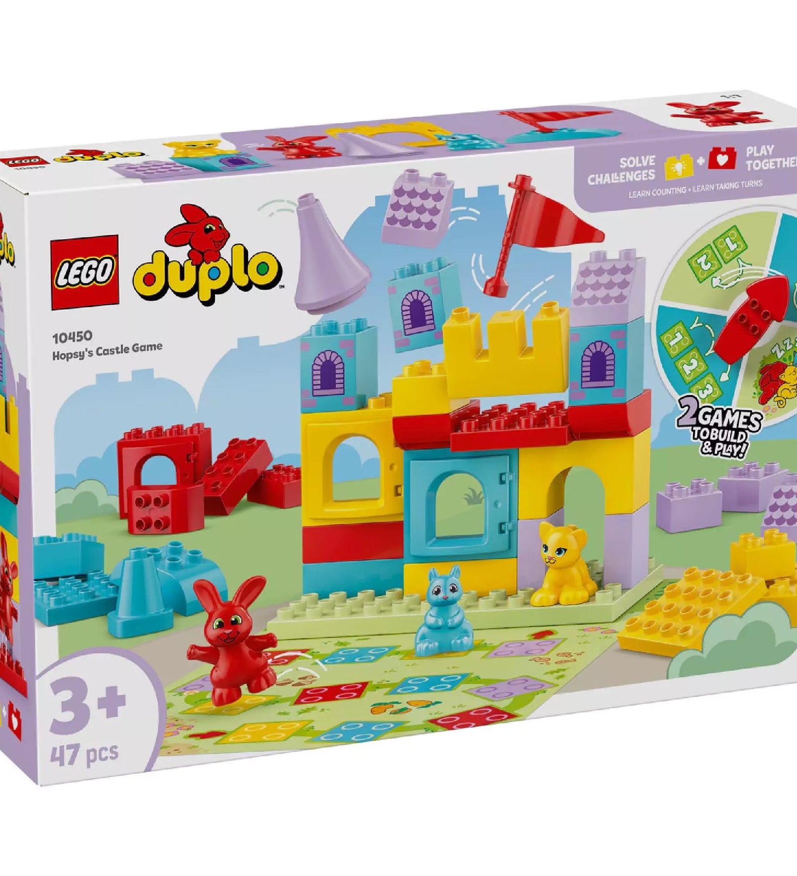 LEGO DUPLO Hopsy’s Castle Game (10450) doboz színes grafikával, játéktáblával és építőelemekkel, valamint a „2 játék egy szettben” felirattal.