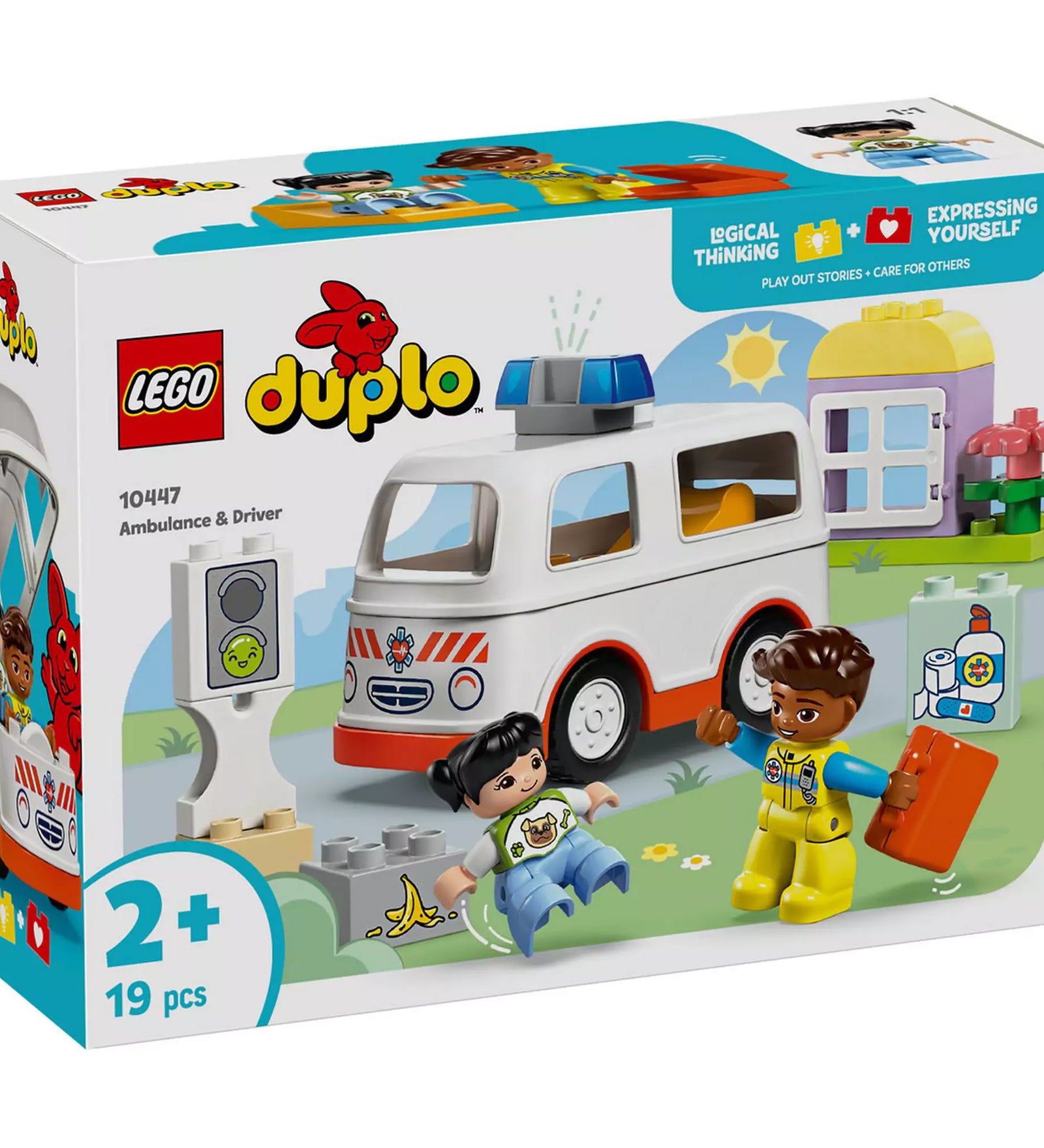 A LEGO Duplo Mentőautó és mentősofőr (10447) doboza, amely bemutatja a készlet színes elemeit és szereplőit.