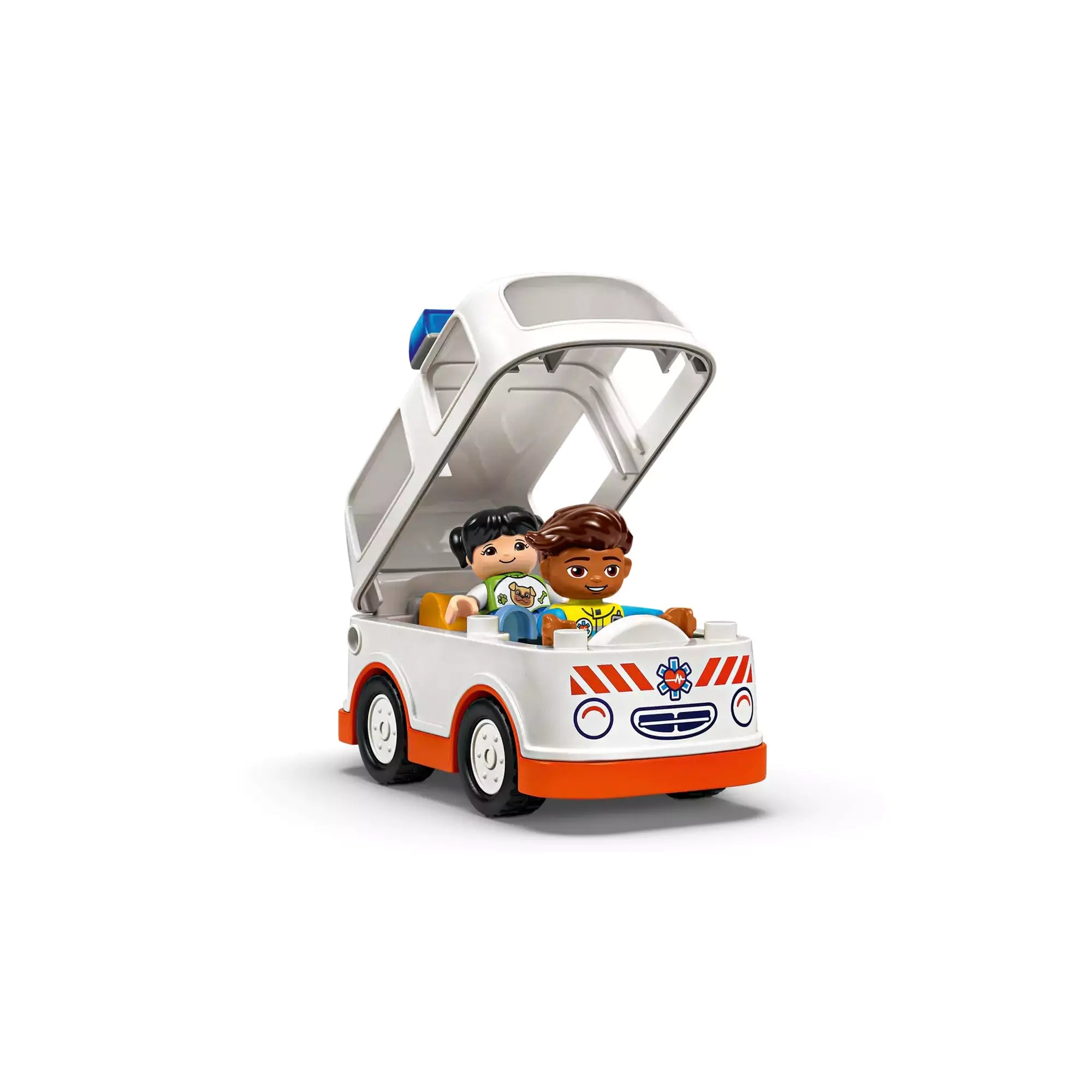 A LEGO Duplo Mentőautó (10447) kinyitható teteje és a benne ülő figurák, bemutatva a játék részleteit és funkcionalitását.