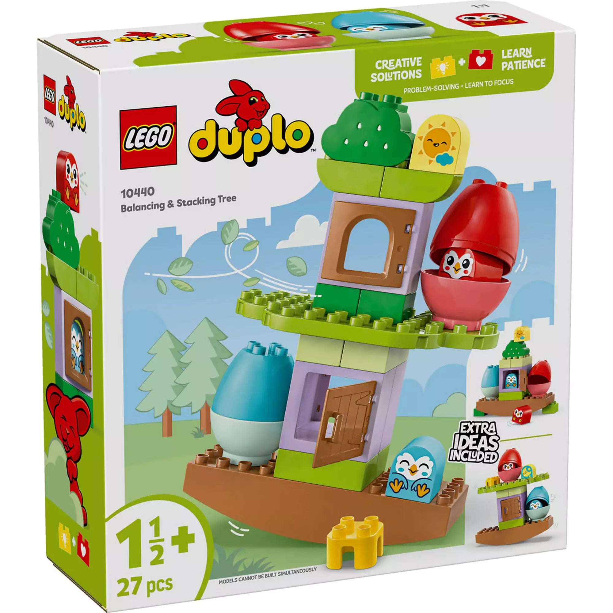 LEGO® DUPLO® Mérlegfa (10440) szett dobozképe színes, kreatív építőelemekkel és baglyos díszítésekkel.
