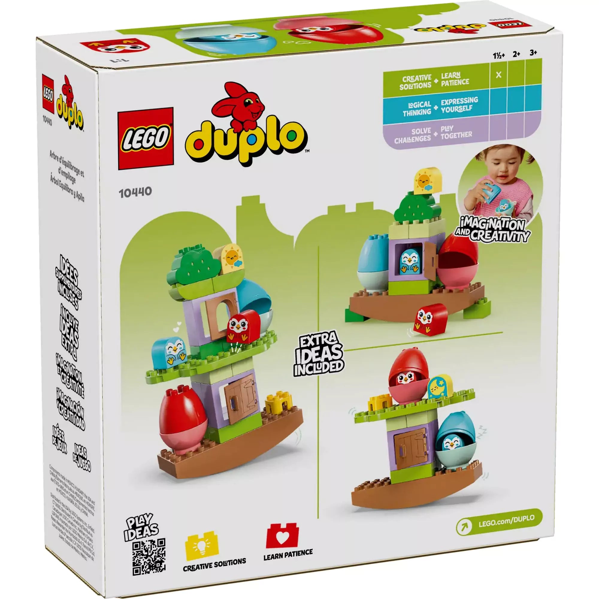 LEGO® DUPLO® Mérlegfa (10440) szett hátoldala különböző építési ötletekkel és játékos jellemzőkkel.
