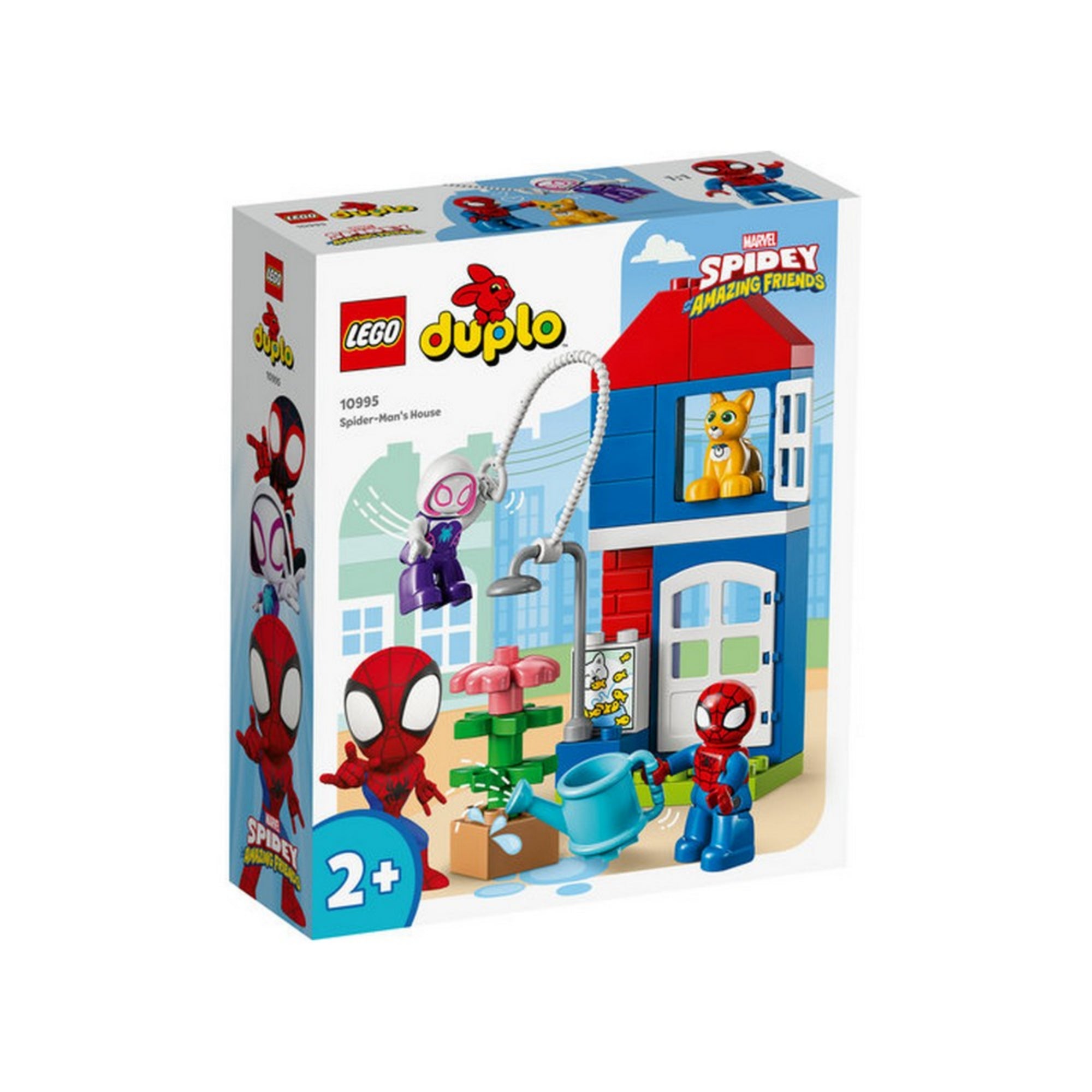 A LEGO DUPLO Pókember háza (10995) készlet színes doboza, rajta Pókember, Szellem Pók és egy cicás emeletes ház látható, 2+ korosztály megjelöléssel.