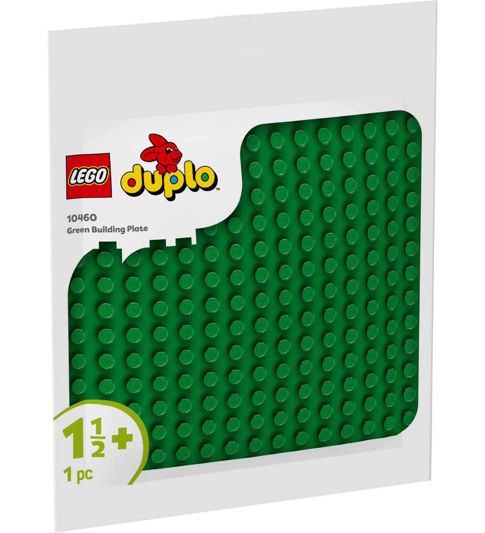 A LEGO DUPLO 10460 zöld építőlap fehér színű csomagolása, amelyen jól látható a kerekített sarkú alaplap textúrája és a DUPLO logó.