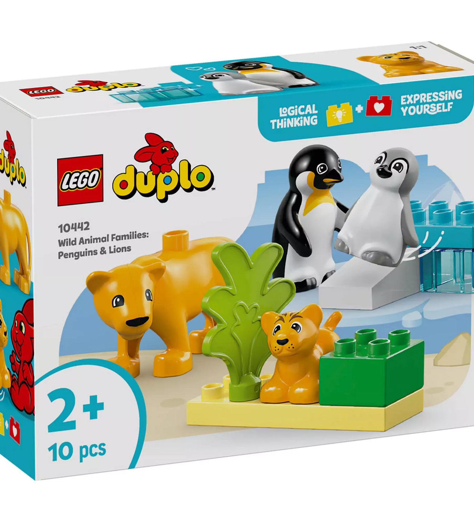 Dobozkép LEGO Duplo Állatcsaládok a vadvilágban (10442): A doboz tartalmazza az aranyos pingvineket, oroszlánokat és az építőelemeket egy 2 éves kortól ajánlott szettben.